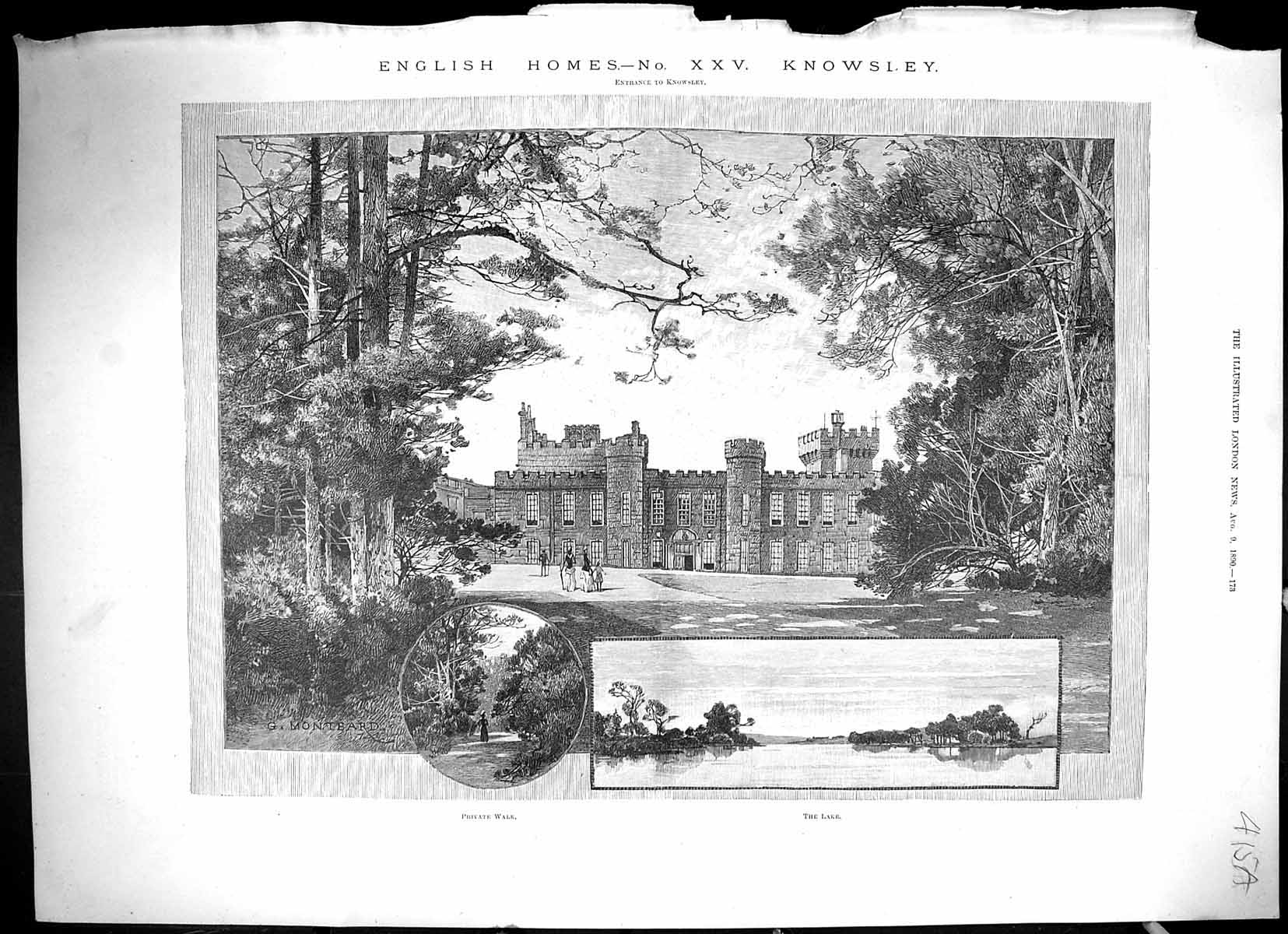 Old Print 1890 Knowsley England Private Walk Lake Architecture Montbard 19th