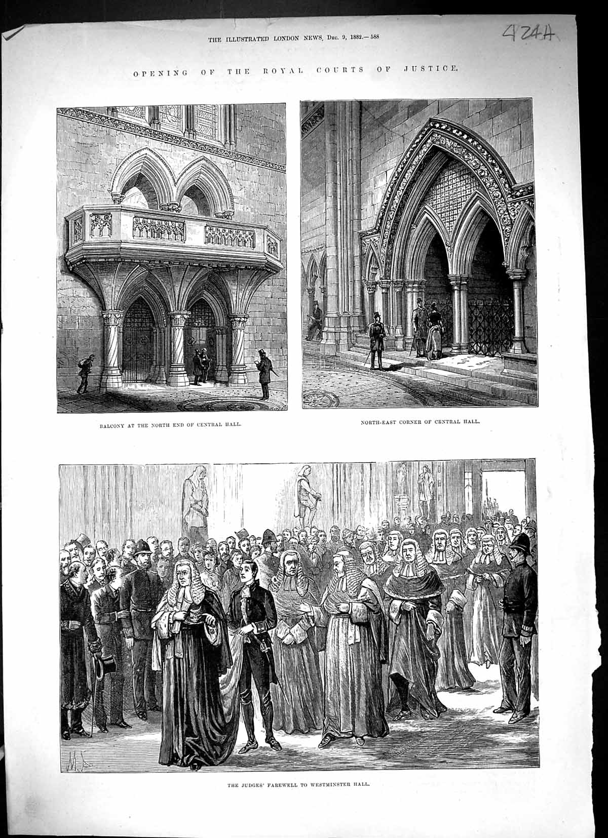 Old 1882 Royal Courts Justice Westminster Hall Central Balcony Judges 19th