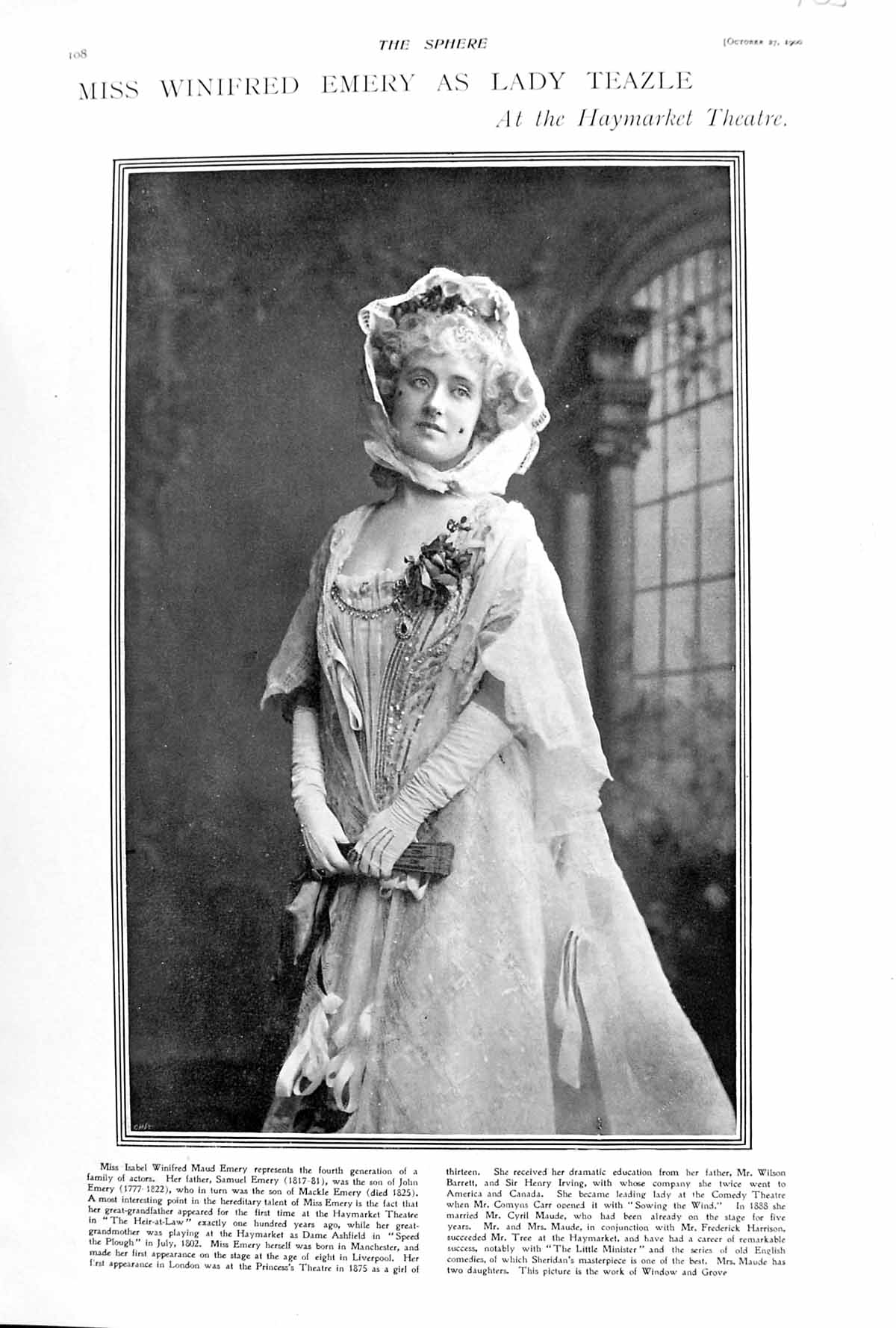 Old 1906 Photograph Miss Winifred Maud Emery Lady Teazle Haymarket Th 20th