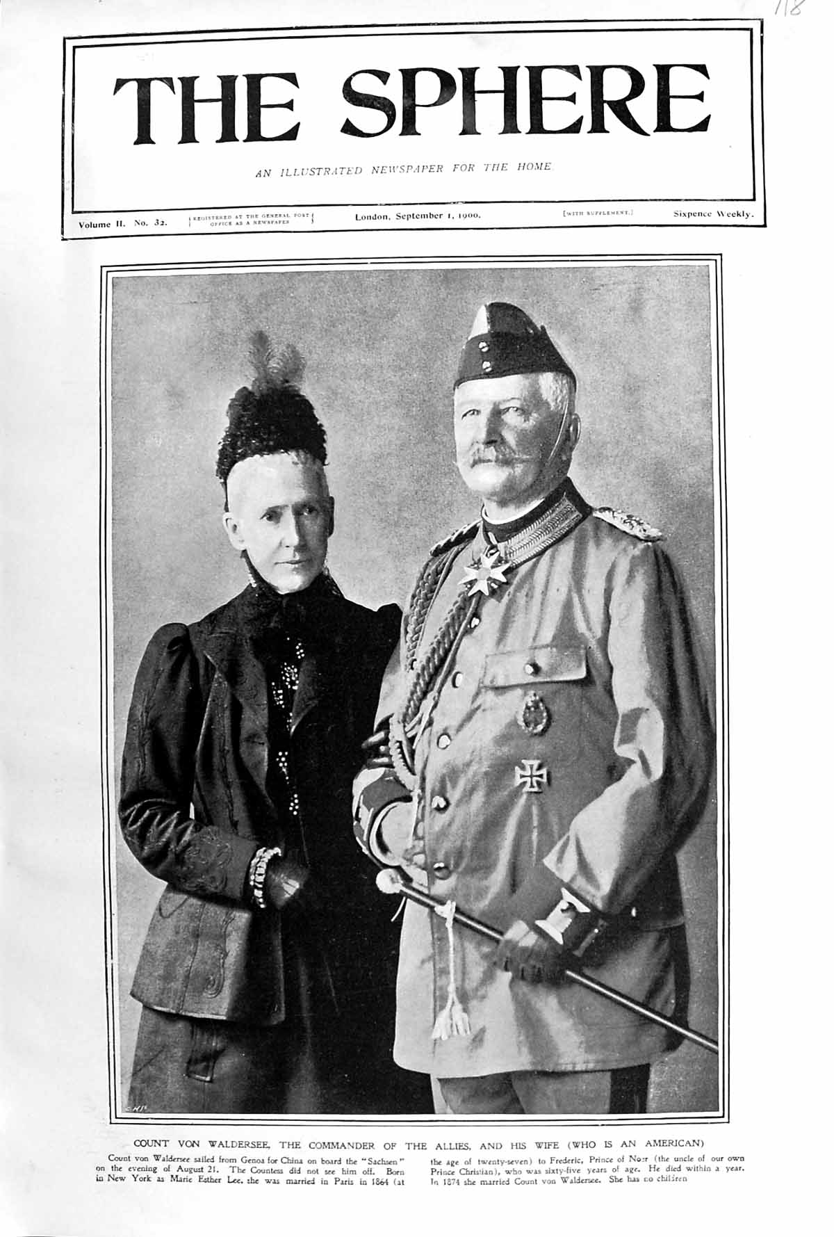 Antique Old Print 1900 Count Von Waldersee Commander Allies Wife Photograph