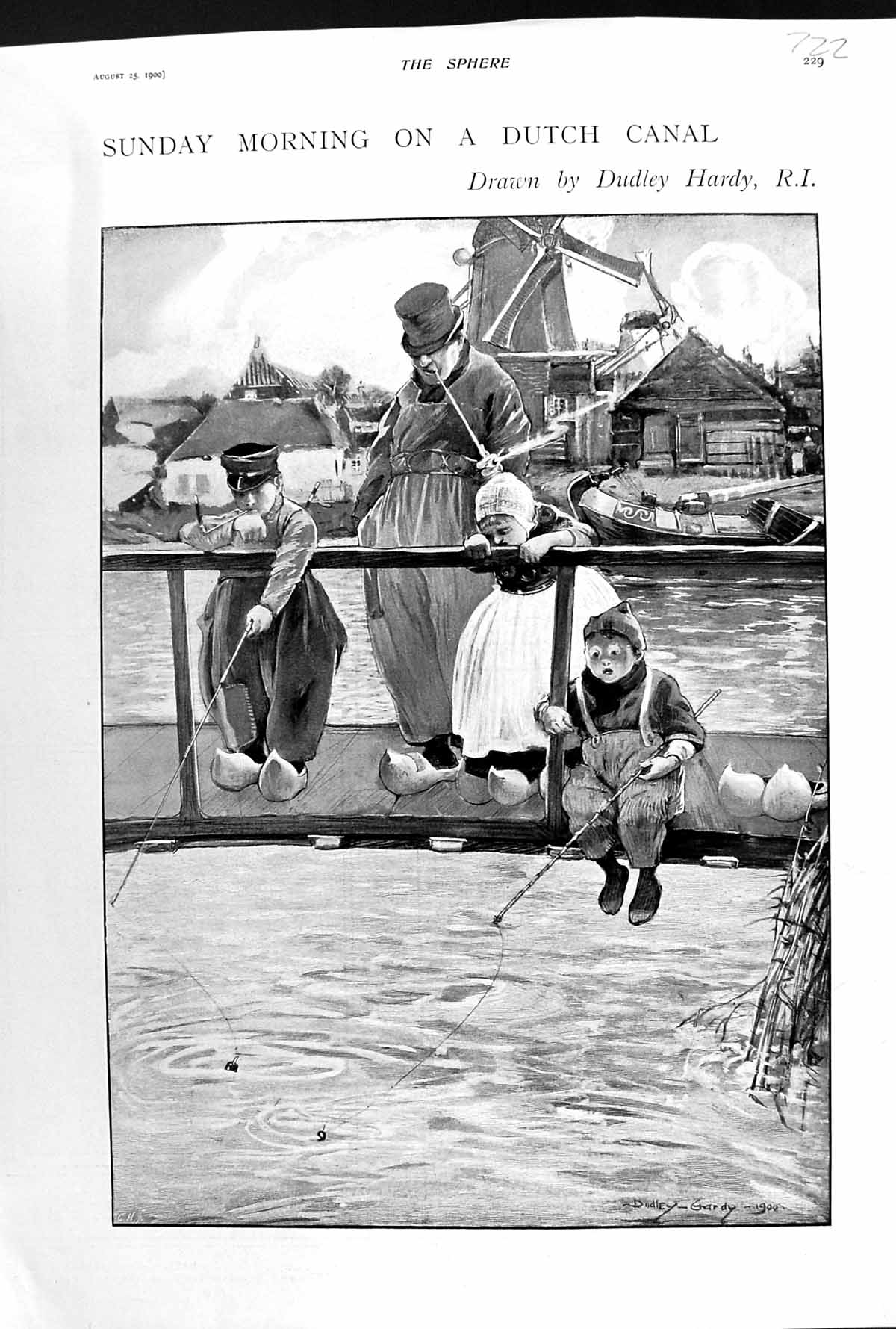 Old 1900 Sunday Morning Scene Dutch Canal Holland Children Fishing Ha Victorian