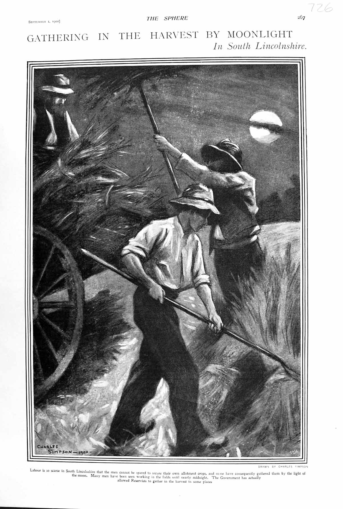 Old 1900 Agricultural Scene Gathering Harvest Moonlight Lincolnshire Victorian