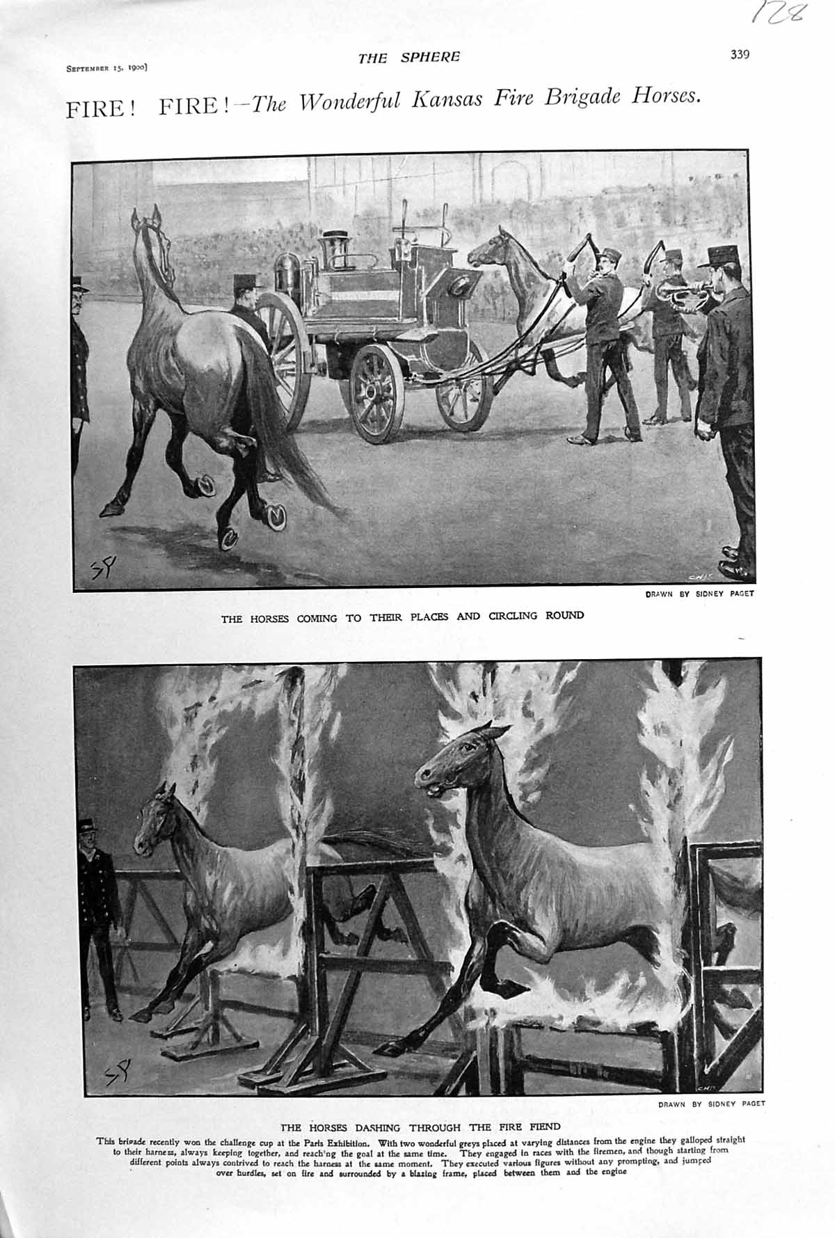 Old Print 1900 Kansas Fire Brigade Horses Paris Exhibition Entertainment 20th