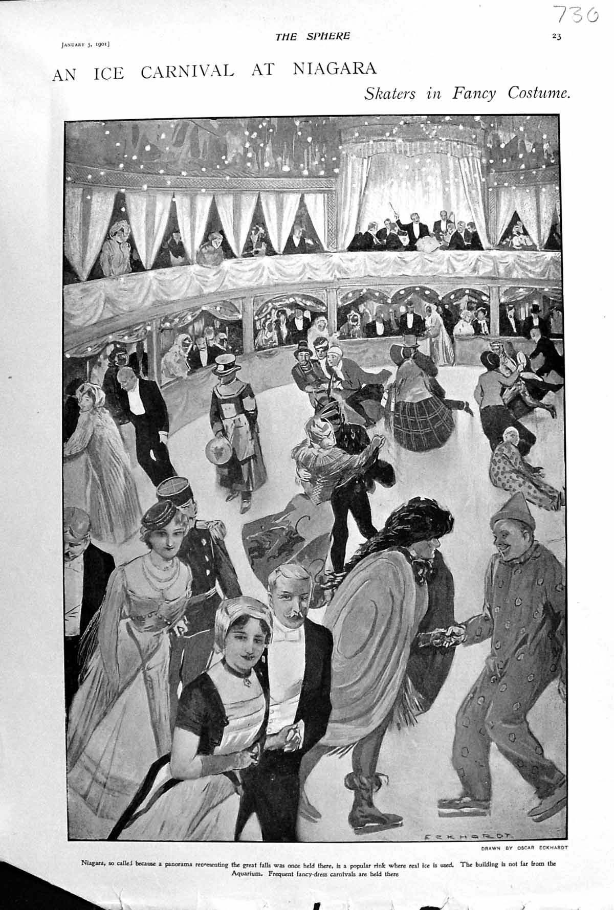 Old Print 1901 Ice Carnival Niagara Skaters Fancy Dress Costumes Eckhardt 20th