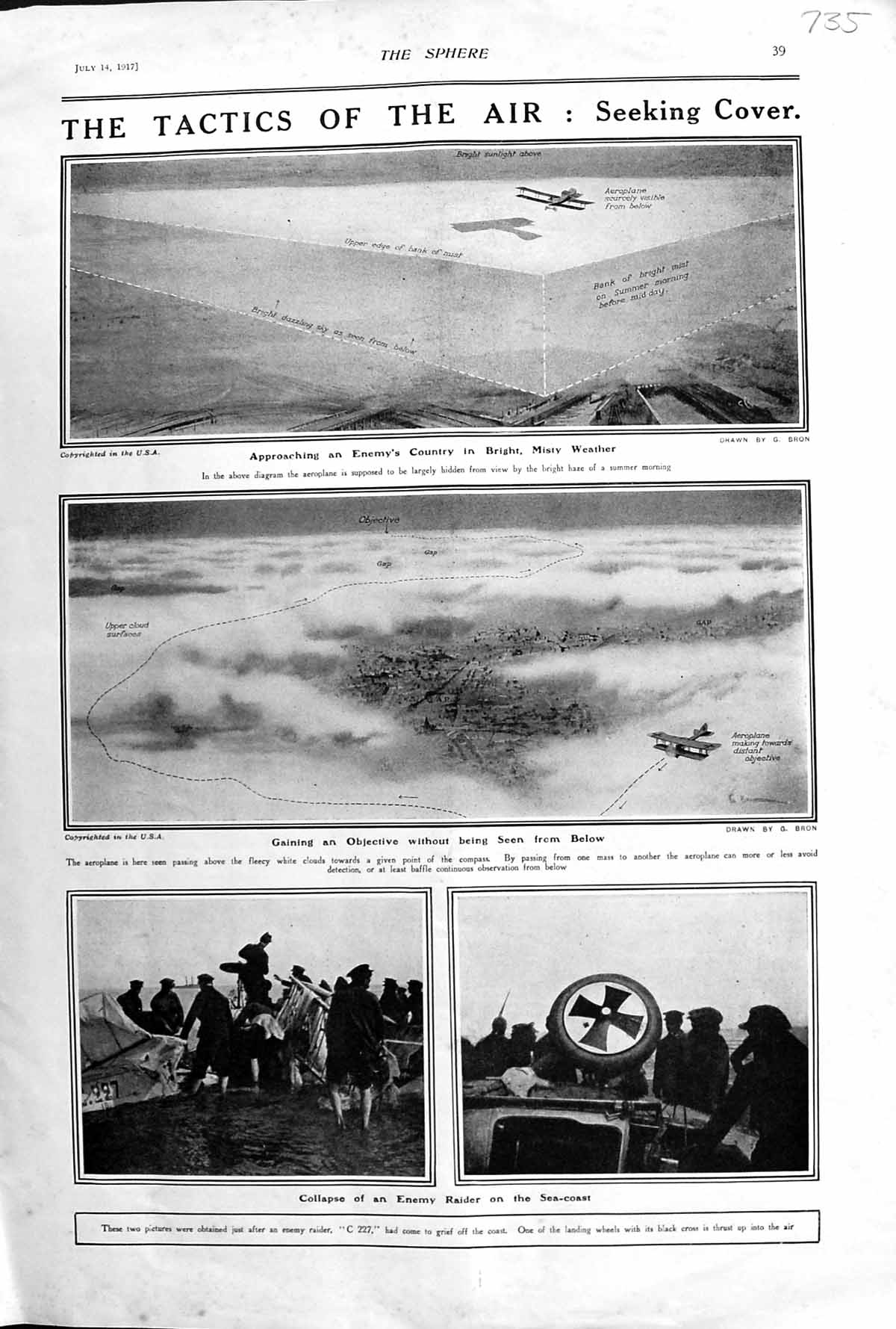 Old Print 1917 War Aeroplane C227 Misty Weather Clouds Seeking Cover Bron 20th