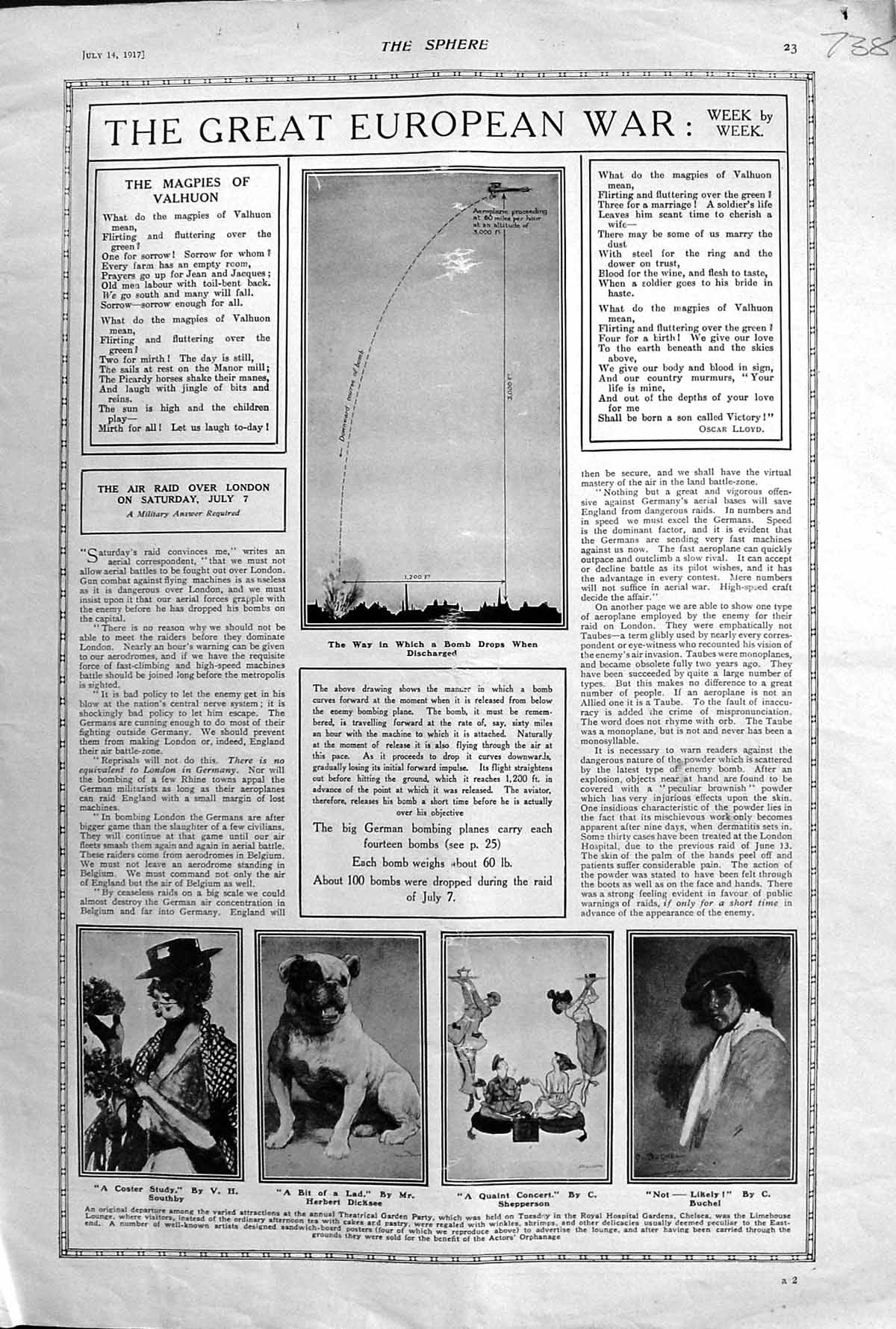 Antique Old Print 1917 European War Aeroplane German Bomb Portrait People Dog