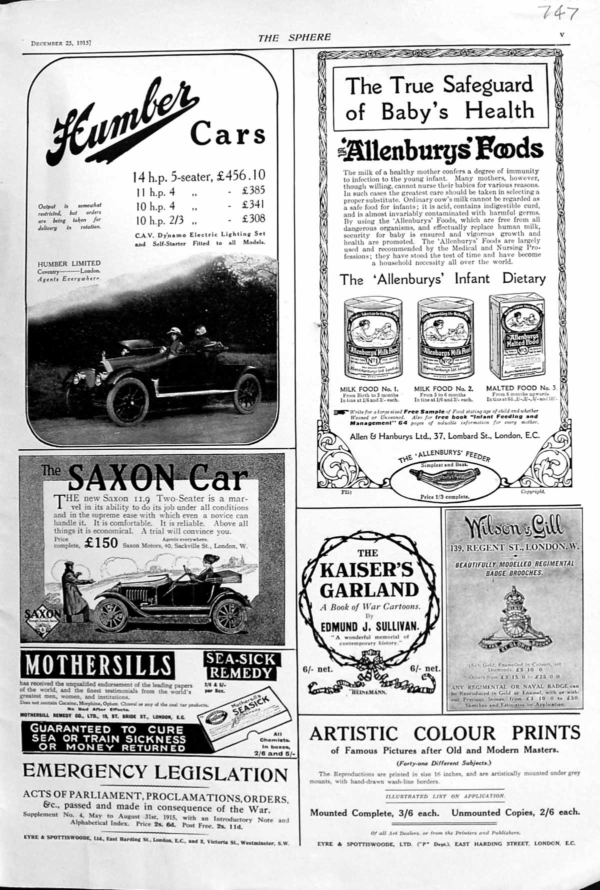 Old 1915 Humber Cars Allenburys Food Saxon Kaiser Garland Wilson Gill 20th