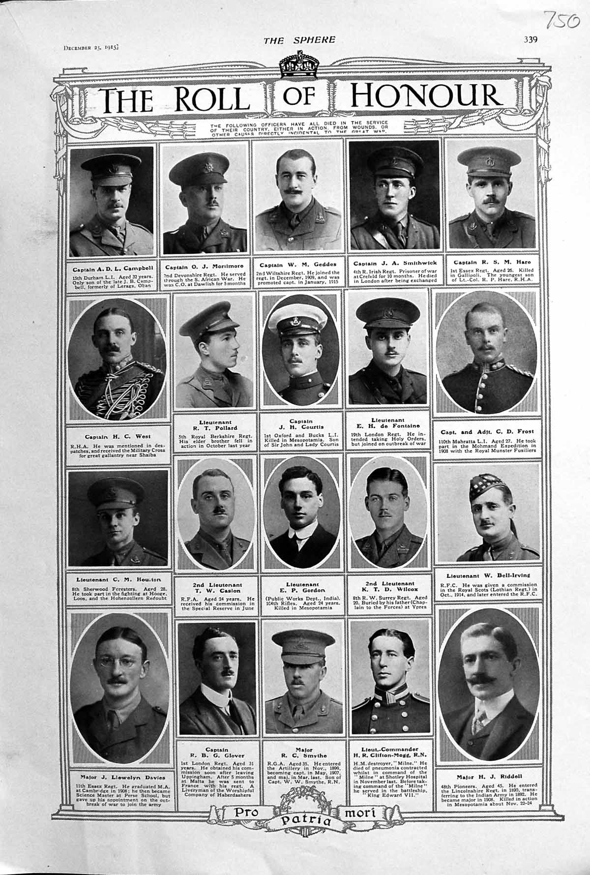 Old 1915 War Roll Campbell Courtis Frost Gordon Riddell Smythe Davies 20th