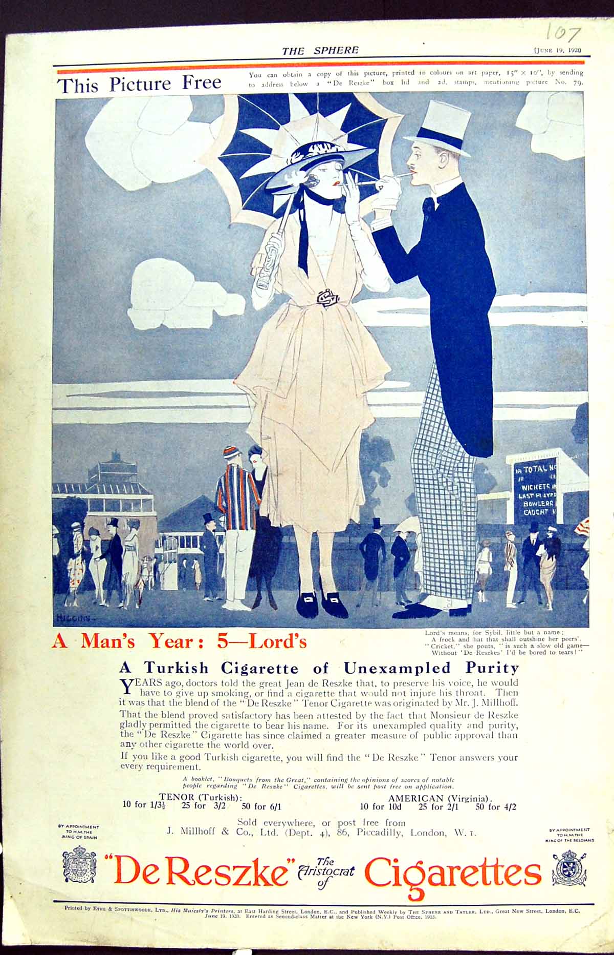 Antique Print Colour 1920 Advertisement Dereszke Turkish Cigarettes London 20th