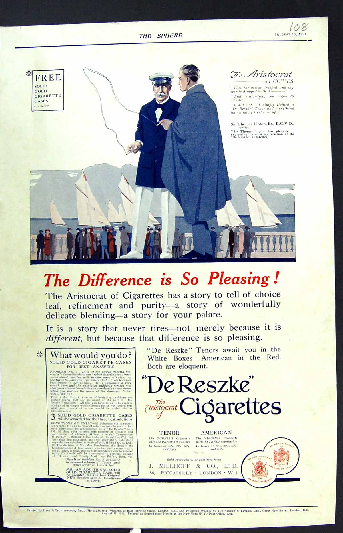 Old Print Colour 1921 Advertisement Dereszke Cigarettes Aristocrat Cowes 20th