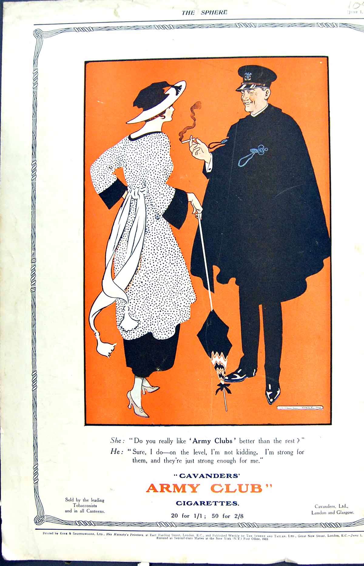 Antique Old Print 1918 Advertisement Cavanders Army Club Cigarettes Tobacco