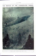 Old Print Colour 1918 Enemy Submarine Submerged Gliding Towards Prey War 20th
