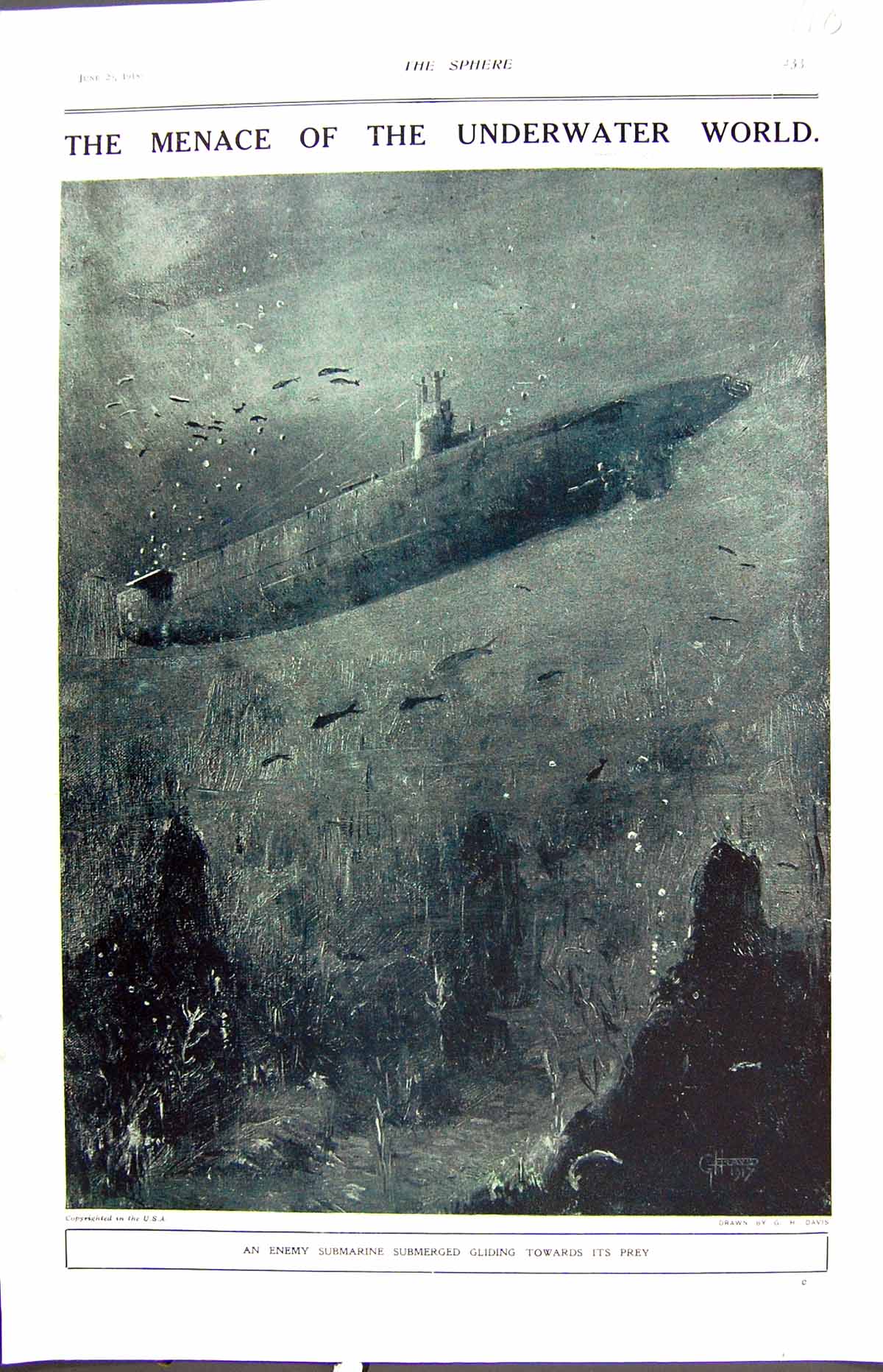 Old Print Colour 1918 Enemy Submarine Submerged Gliding Towards Prey War 20th