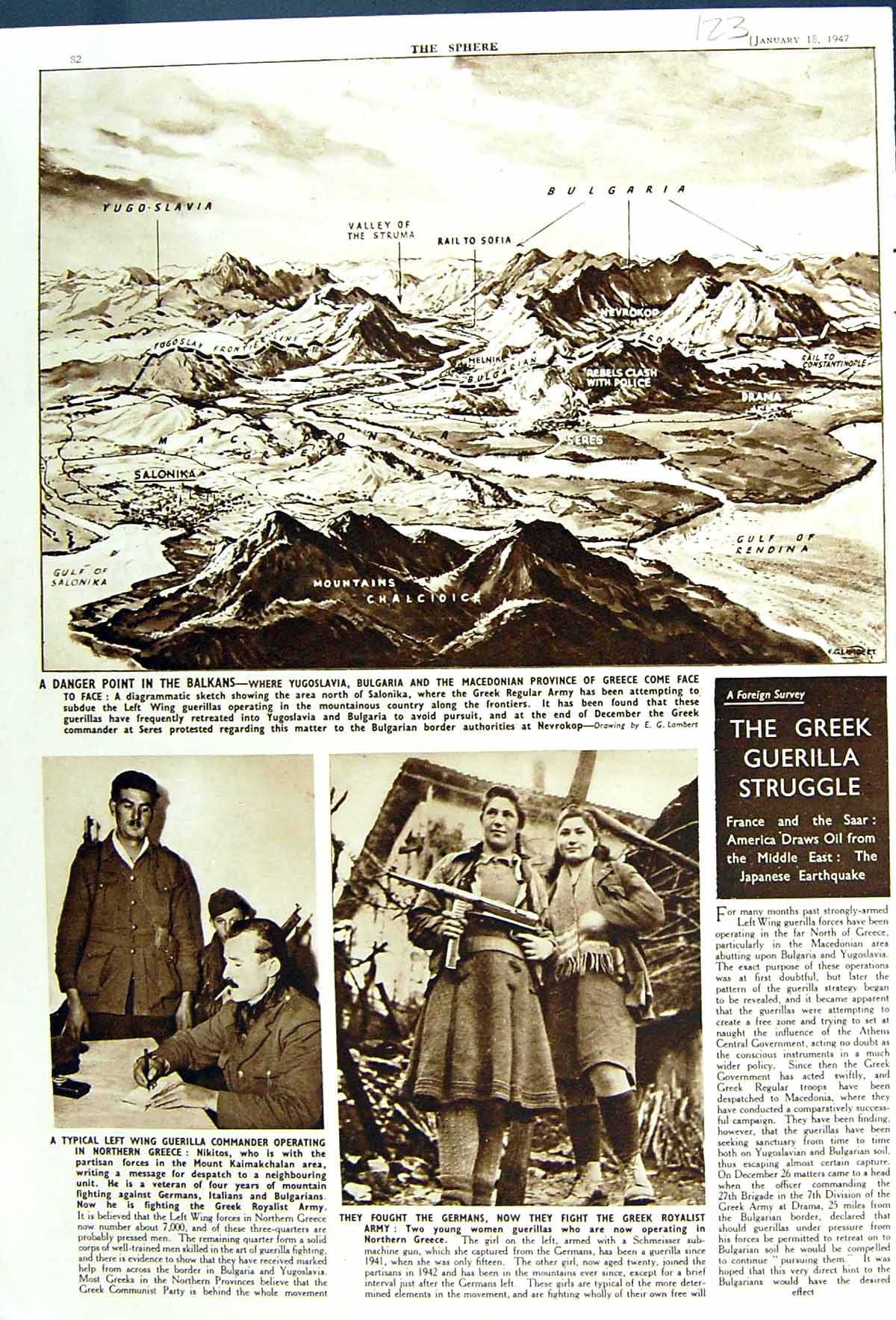 Antique Old Print 1947 Balkans Mountains Chalcidice Nikitos Women Guerillas