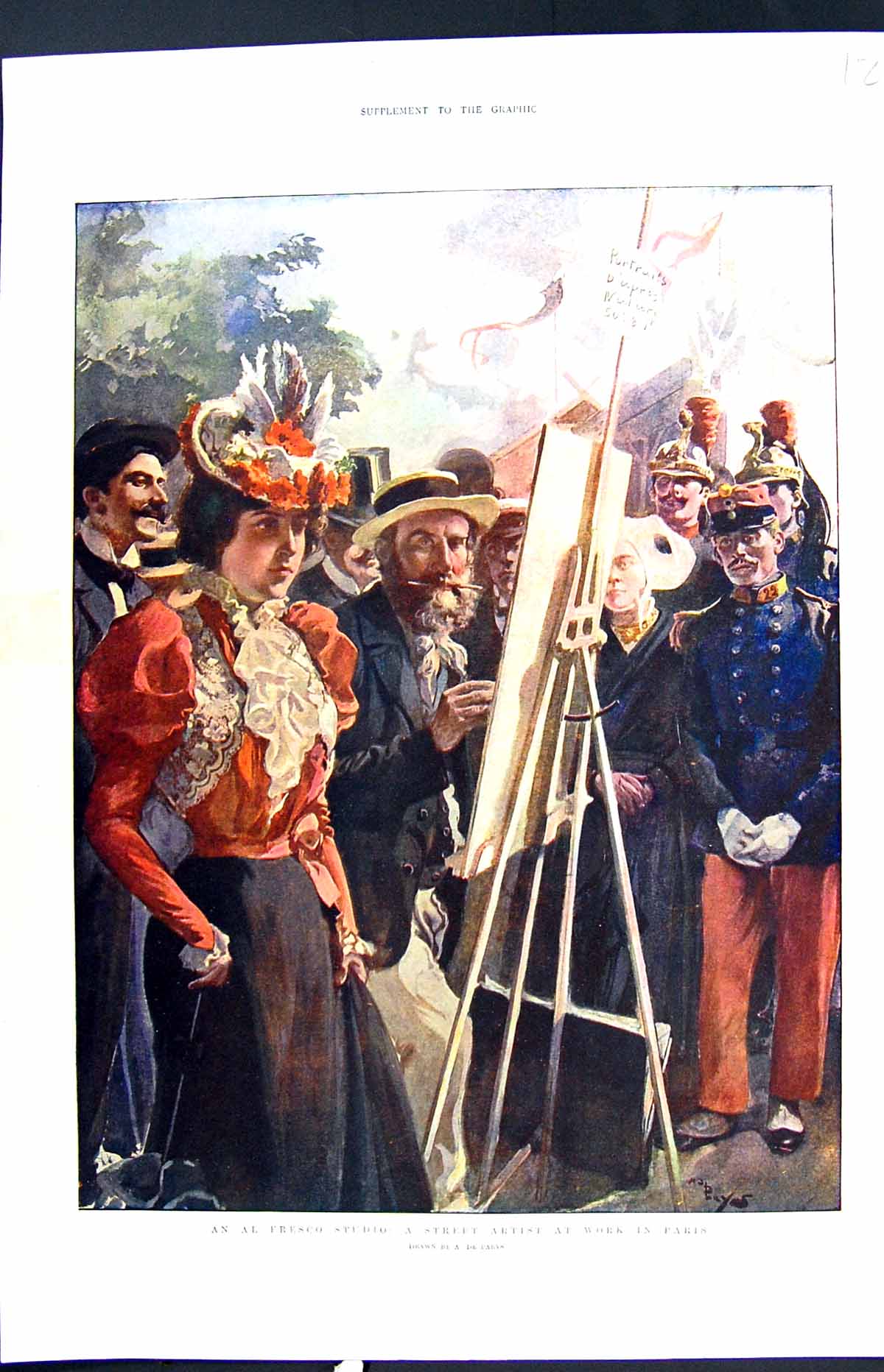 Original Old Antique Print Colour Al Fresco Studio Street Artist Paris France