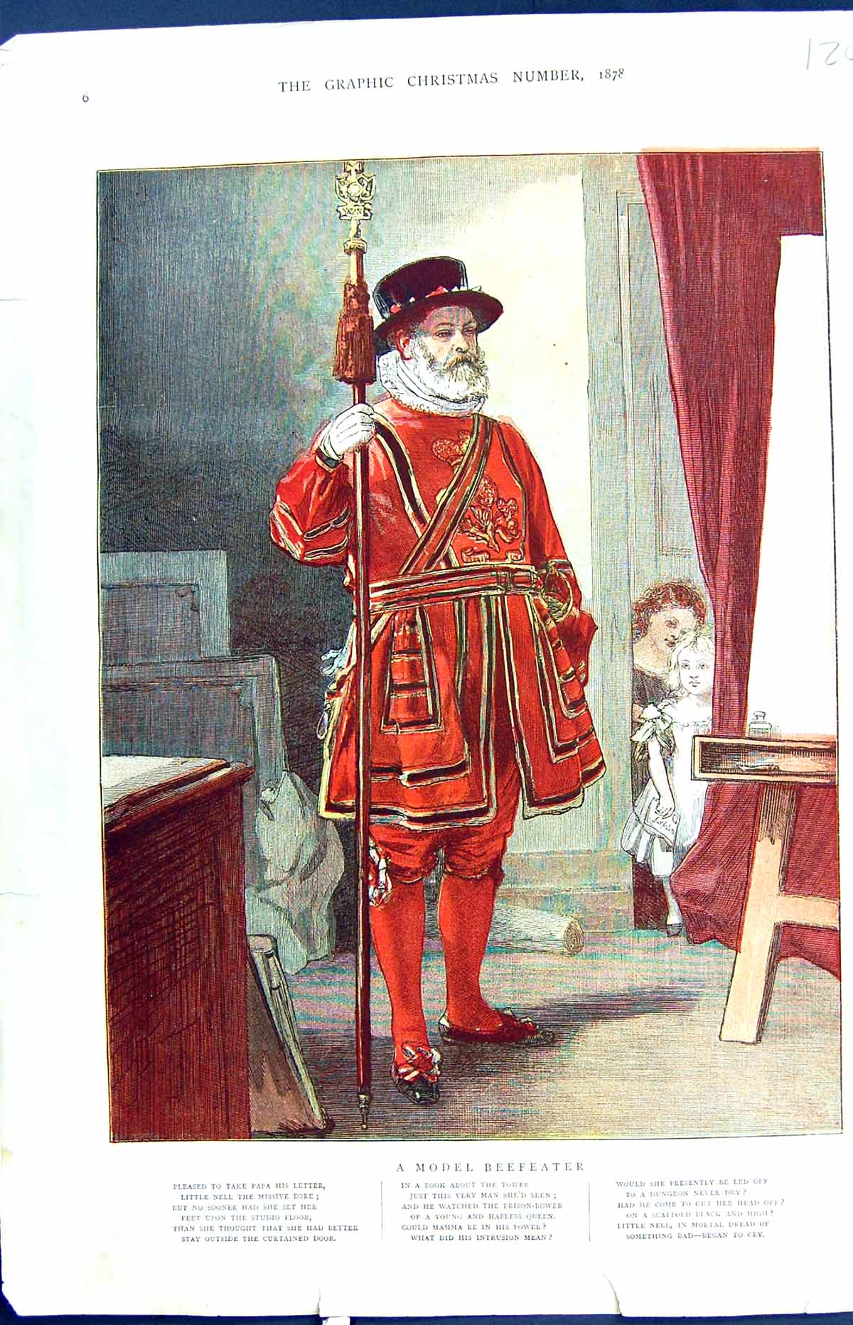 Original Old Antique Print Colour 1878 Model Beefeater Young Children Poem 19th