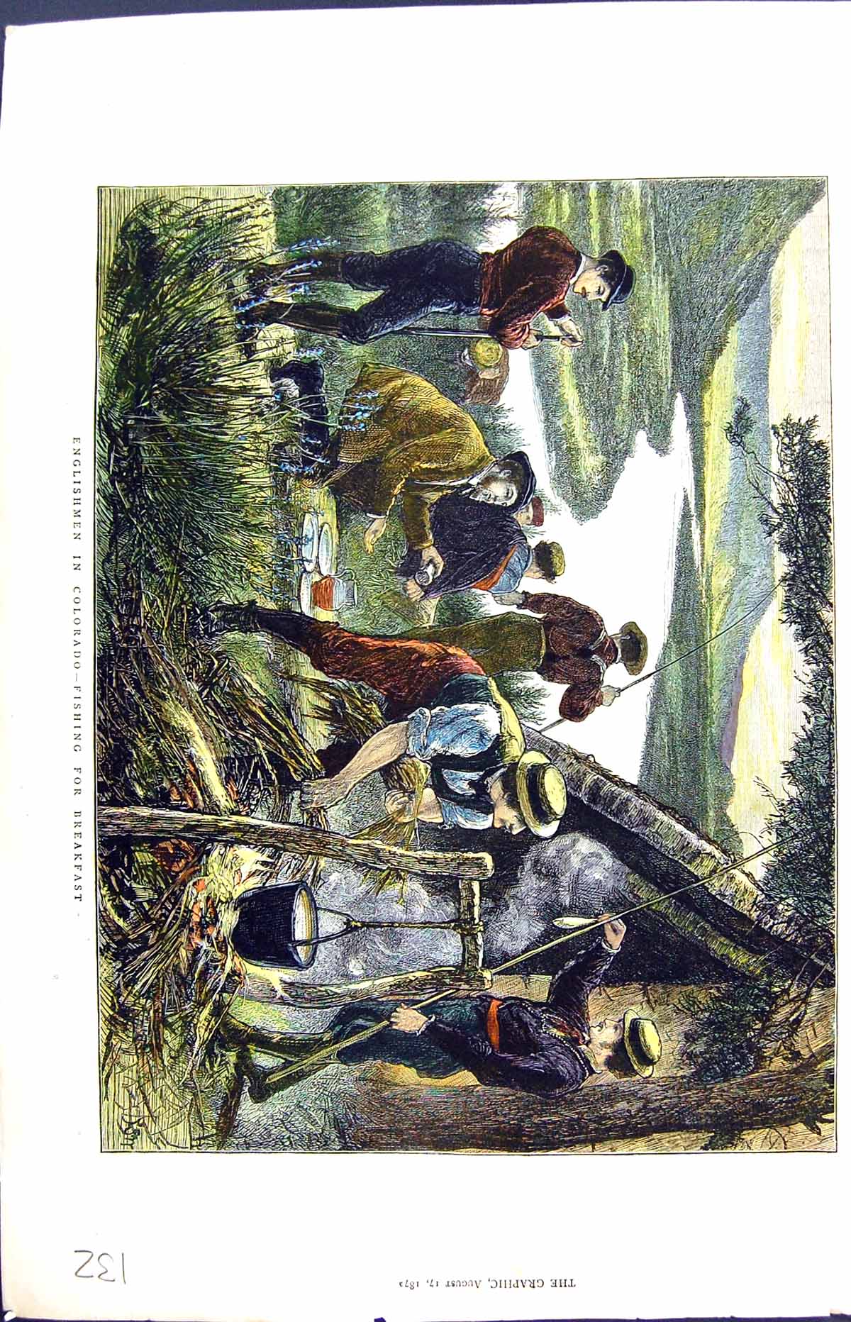 Antique Old Print Colour 1872 Englishmen Colorado Fishing Camp Fire America