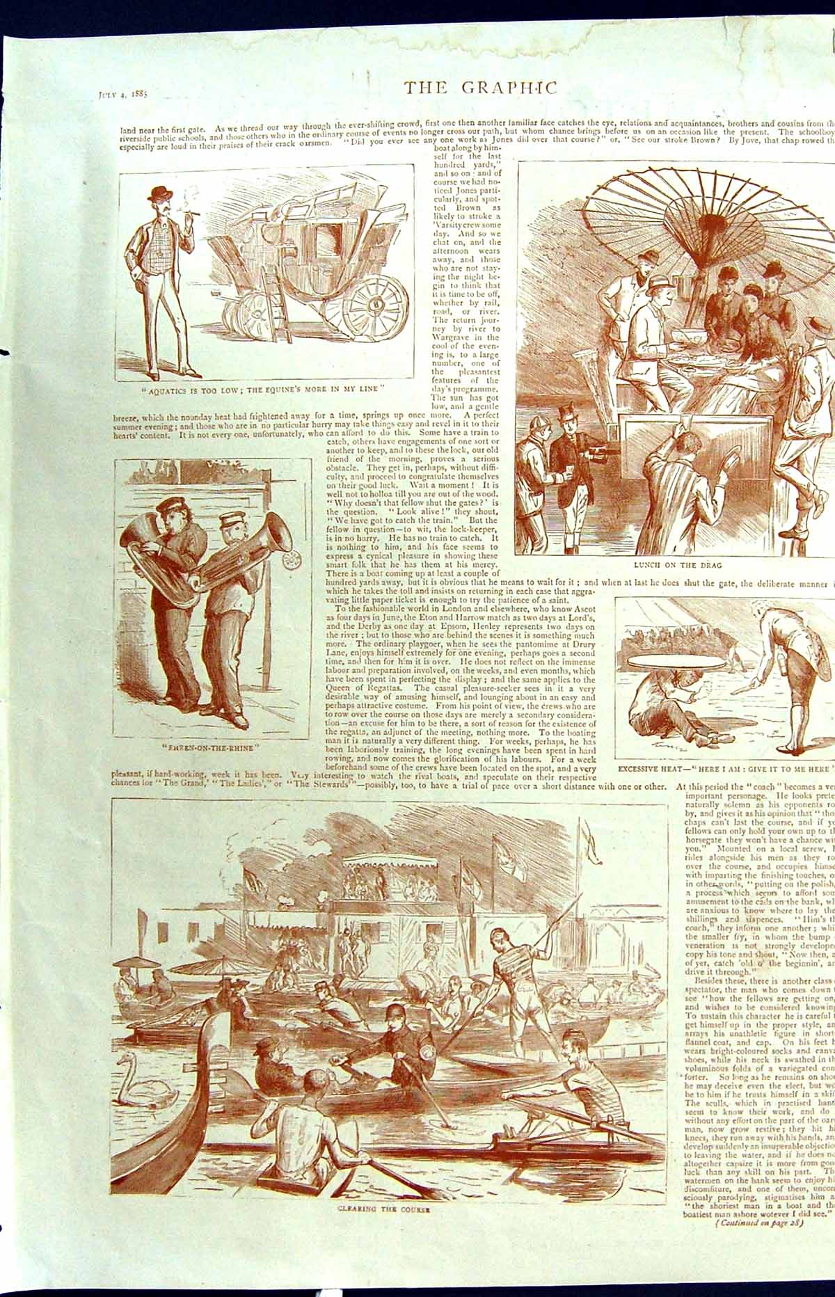 Old Antique Print Colour 1885 Henley Regatta River Boats Sport Carriage 19th