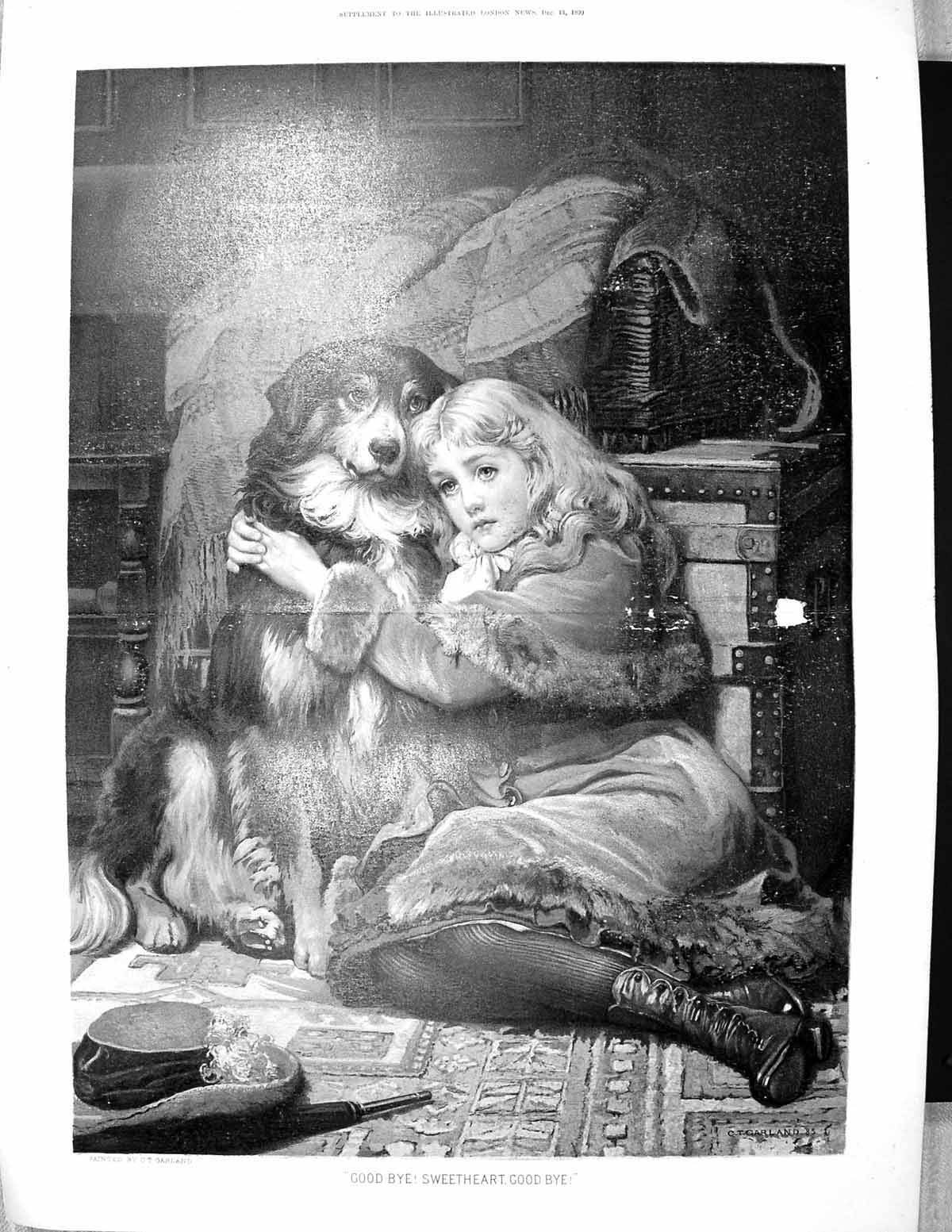 Antique Old Print 1890 Colour Goodbye Sweetheart Young Girl Pet Dog Garland