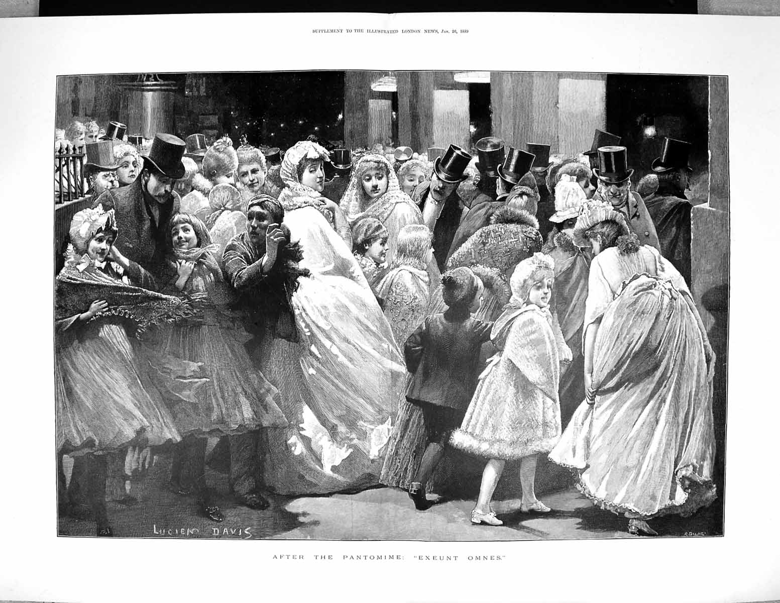Original Old Antique Print 1889 Scene After Pantomime Audience Lucien Davis