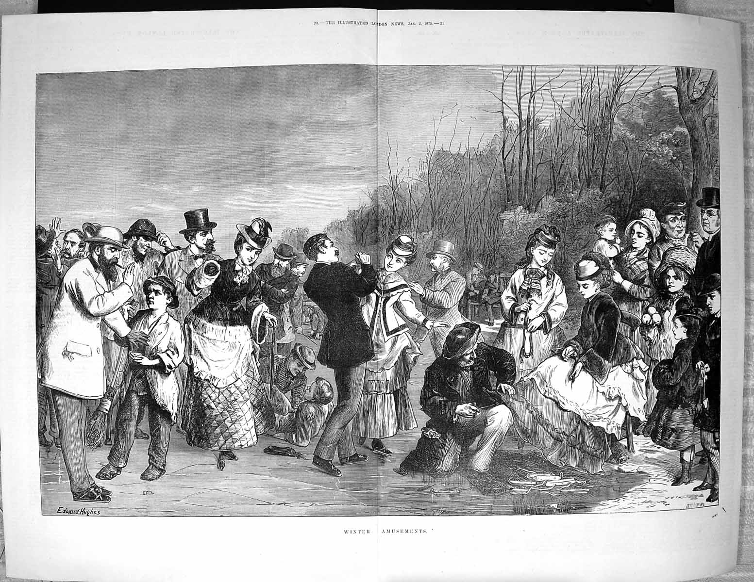 Old 1875 Winter Amusements Ice Skating Entertainment Edward Hughes Fi 19th