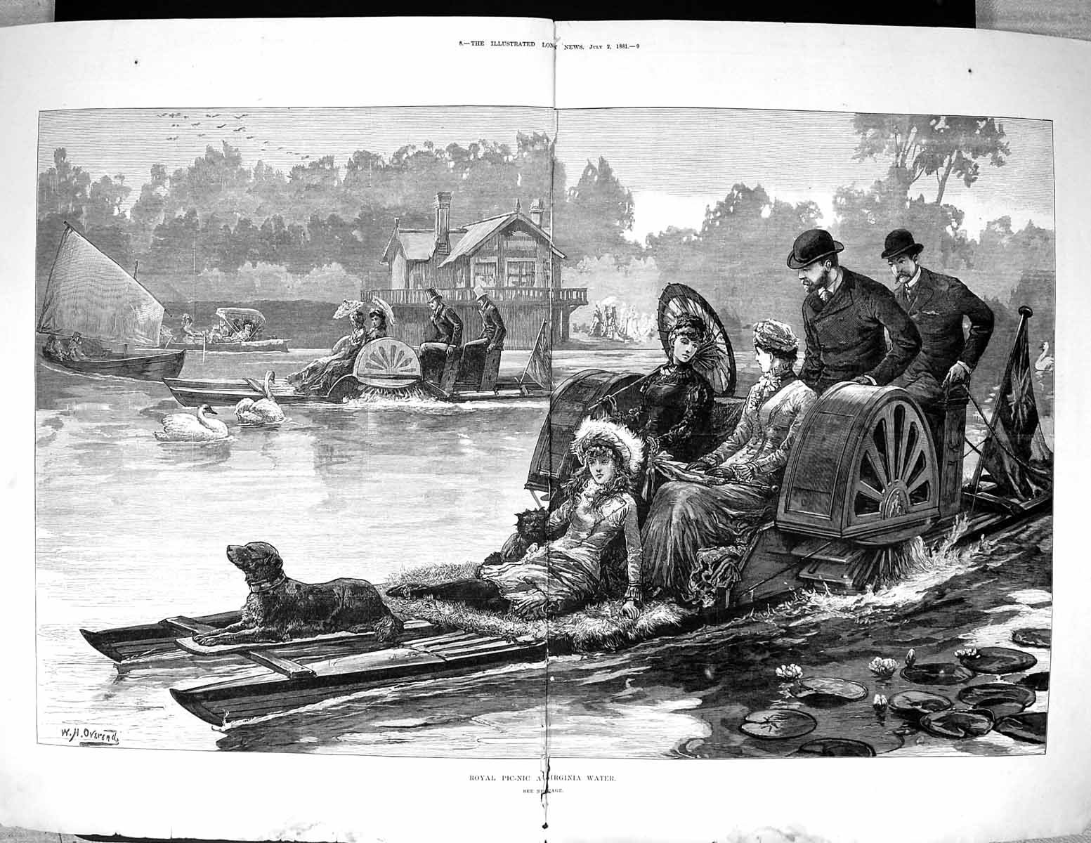 Antique Old Print 1881 Royal Picnic Virginia Water River Steamers Damaged 19th