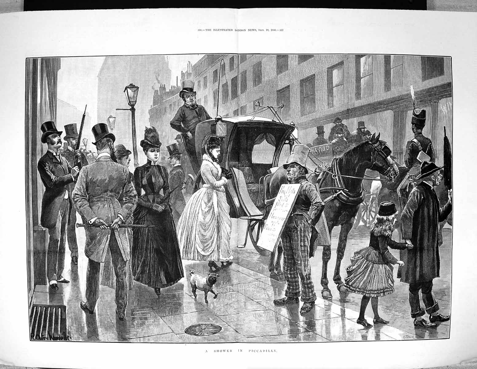 Old 1886 Scene Piccadilly London Shower Rain Tailor Horse Transport C 19th