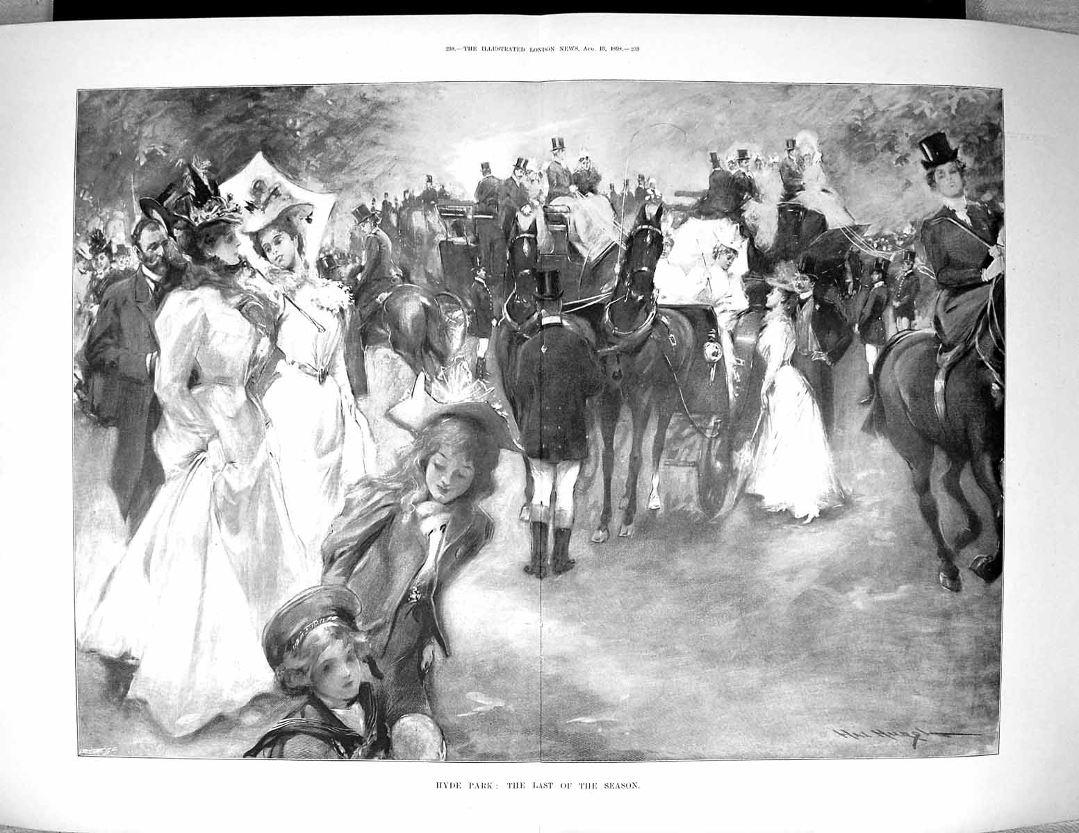 Original Old Antique Print 1898 Hyde Park London Season Horses Coaches 19th