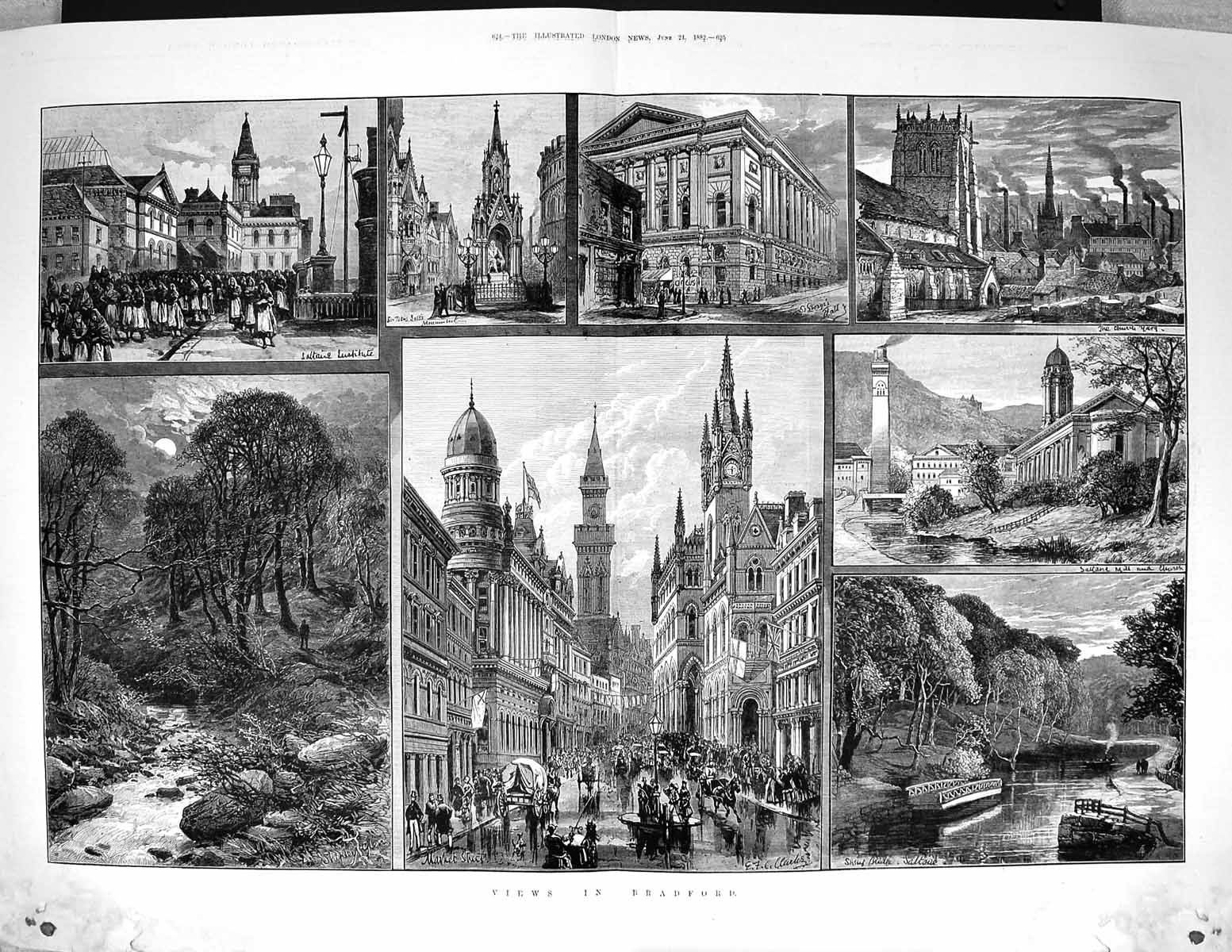 Old 1882 Bradford Market Street Church Swing Bridge River Saltaire Fi 19th