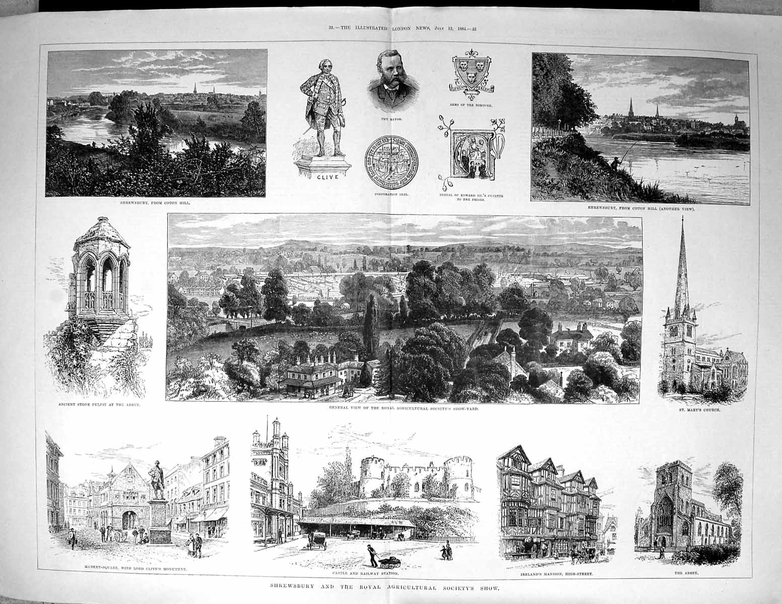 Old 1884 Shrewsbury Agriculture Show Church Abbey Mayor Railway Stati 19th
