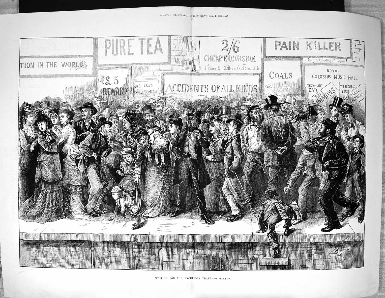 Antique Old Print 1880 Passengers Railway Station Excursion Train Families