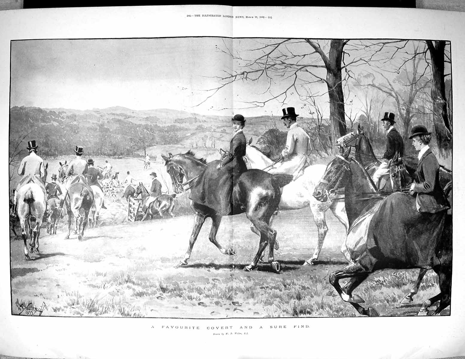 Antique Print 1899 Countryside Hunting Horses Hounds Dogs Wollen Fine Art 19th