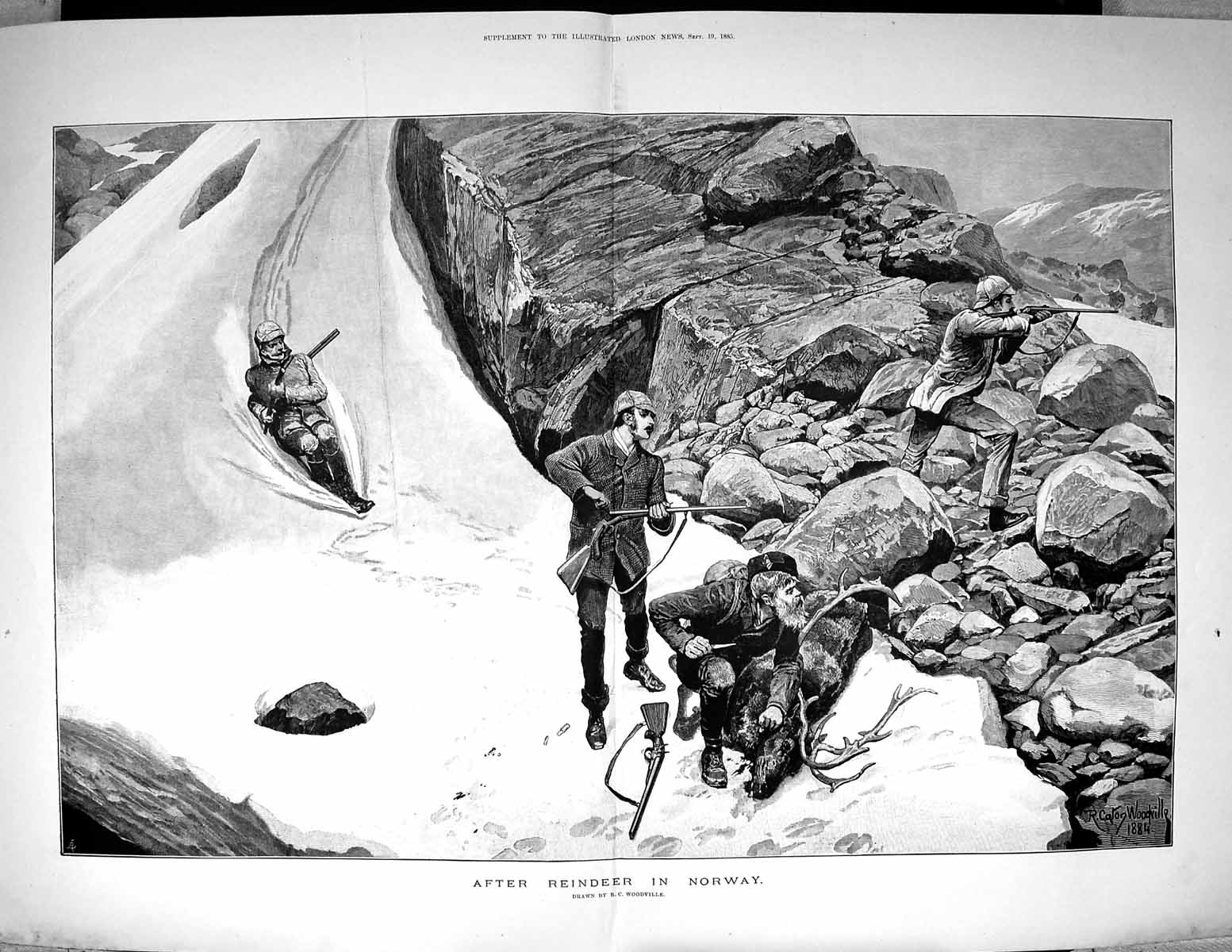 Old 1885 Hunting Reindeer Norway Sport Snow Men Rifles Woodville Fine 19th
