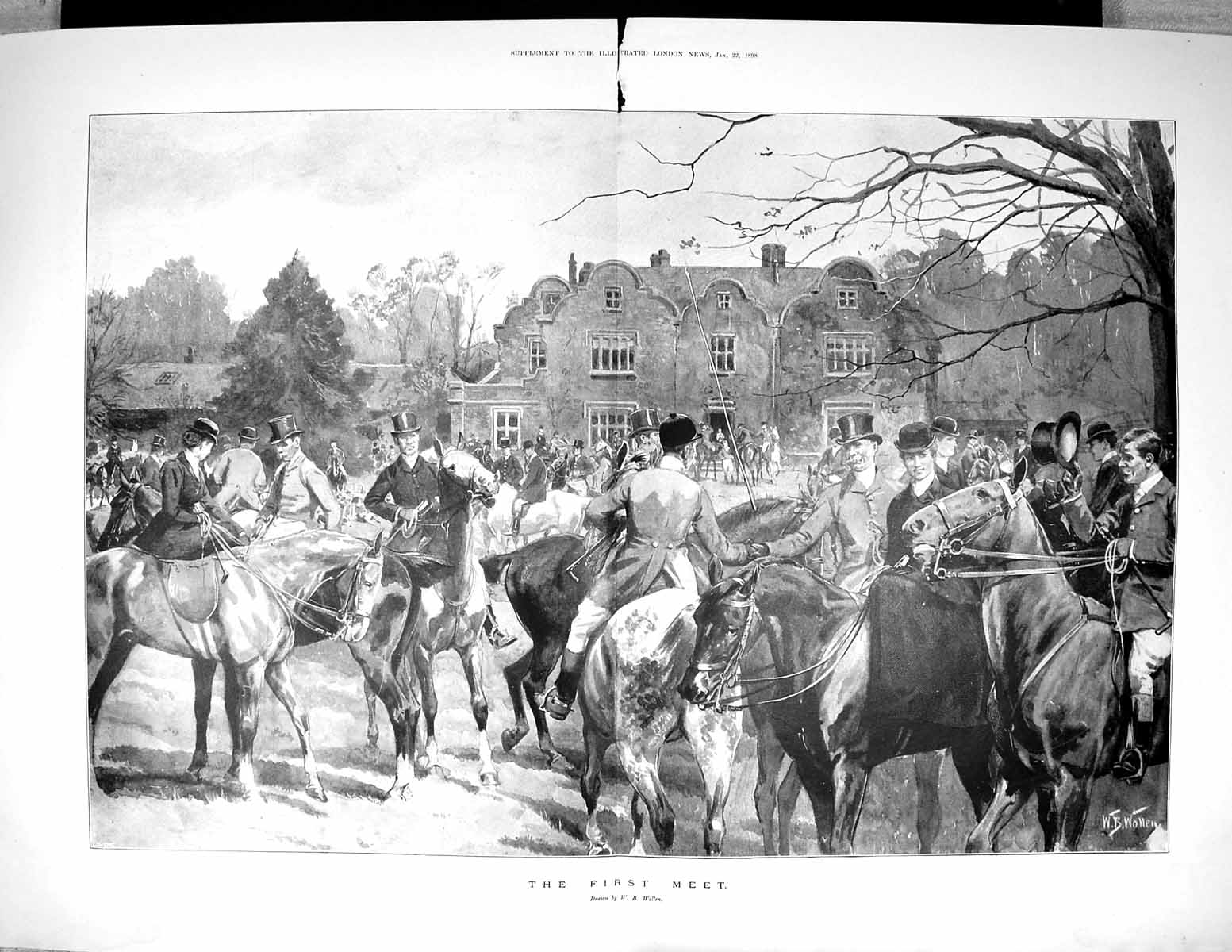 Old 1898 Hunting Meet Horses Huntsmen Mansion House Fine Art WollenVictorian