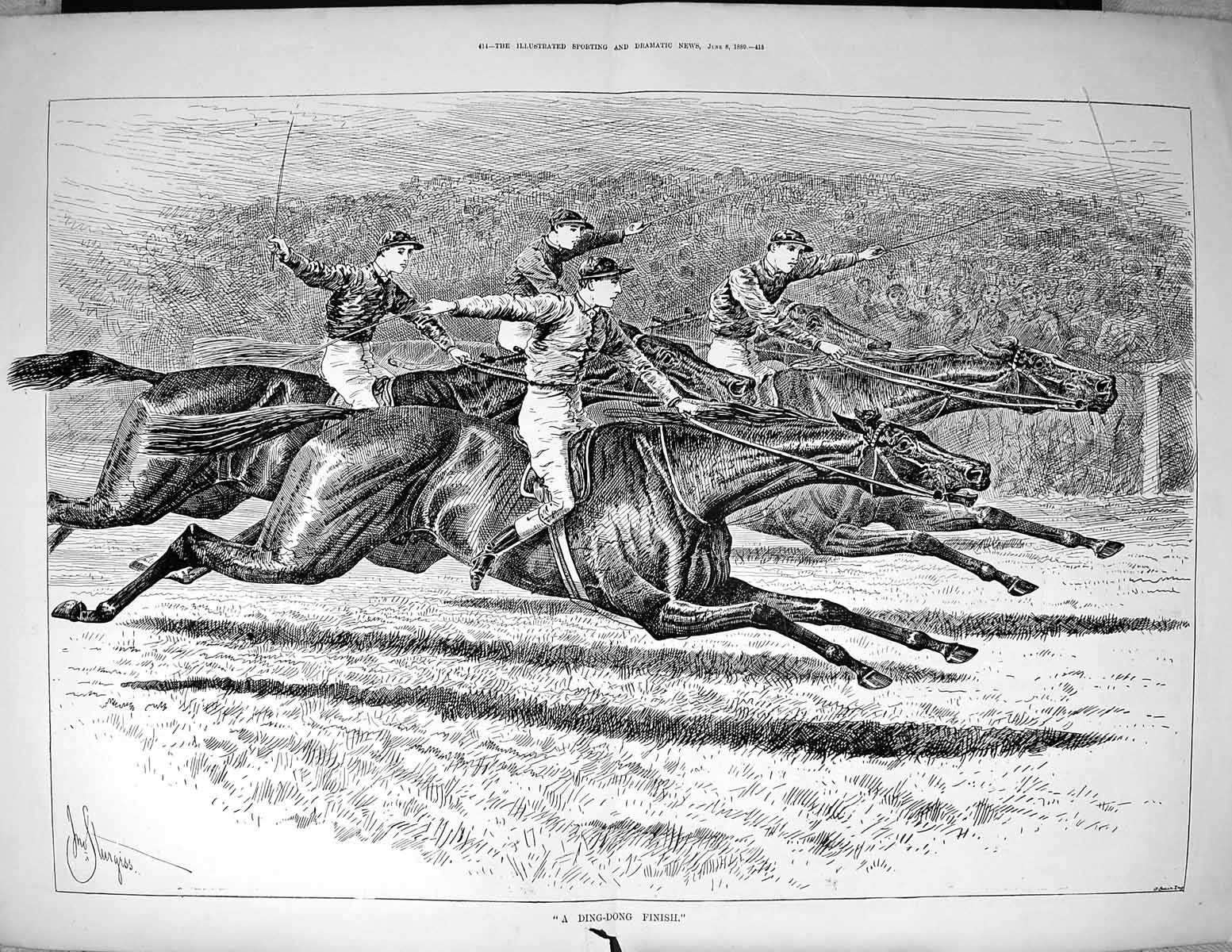 Original Old Antique Print 1889 Horse Racing Sport Jockeys Spectators Sturgess