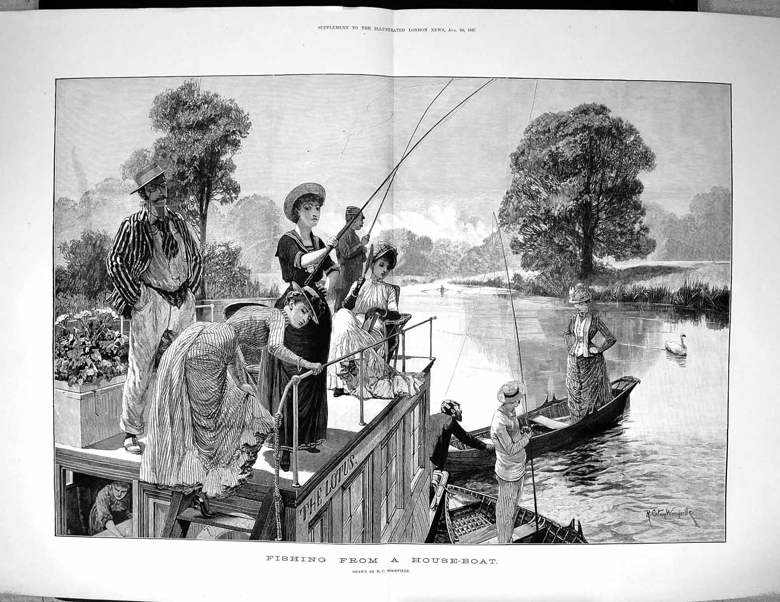 Antique Old Print 1887 Fishing House-Boat River Fishermen Woodville Fine Art