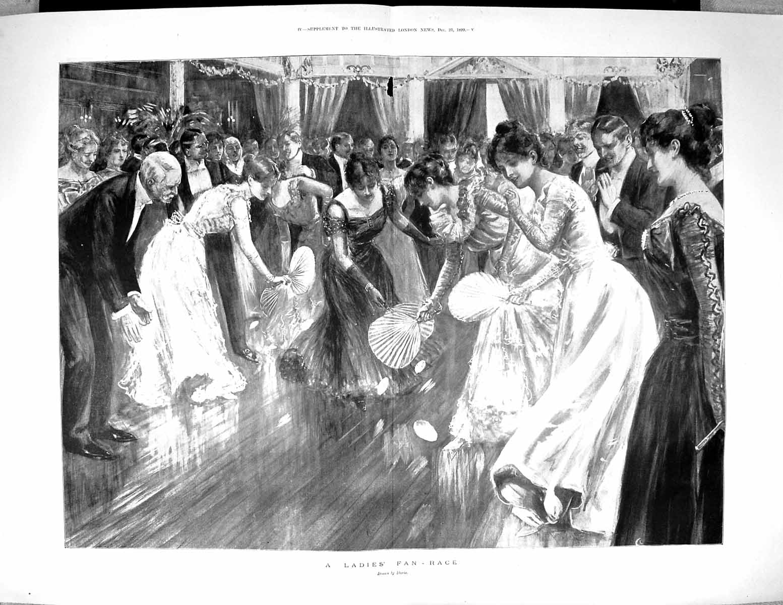 Antique Old Print 1899 Ladies Fan Race Ball Entertainment Sherie Fine Art 19th