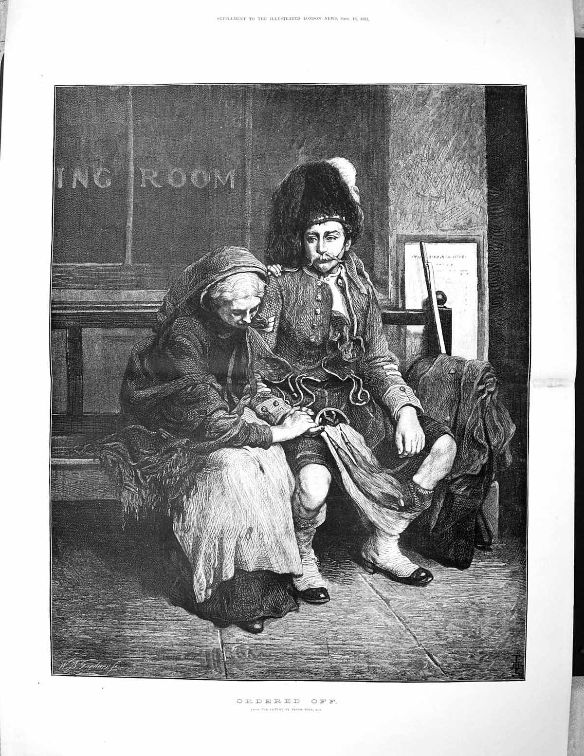 Original Old Antique Print 1884 Ordered Off Frank Holl Fine Art War Sier Lady