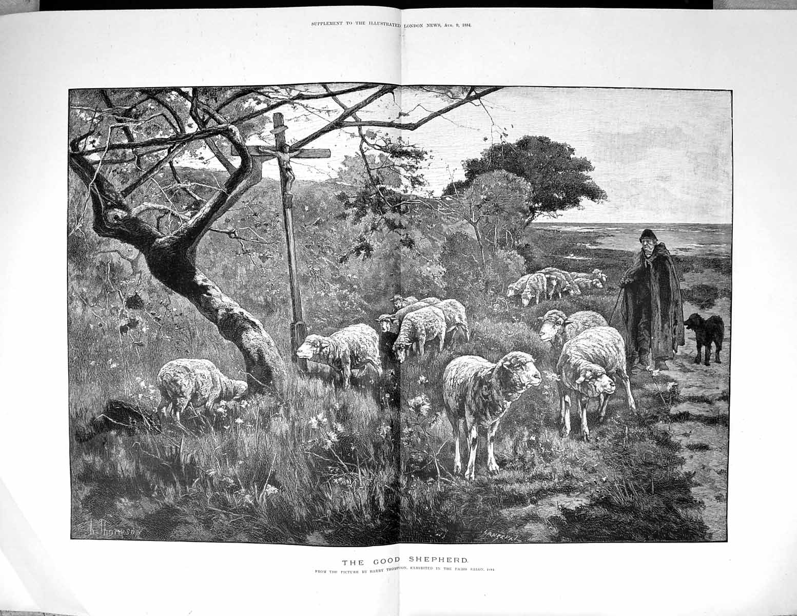 Old Print 1884 Good Shepherd Sheep Farming Dog Meadow Thompson Fine Art 19th