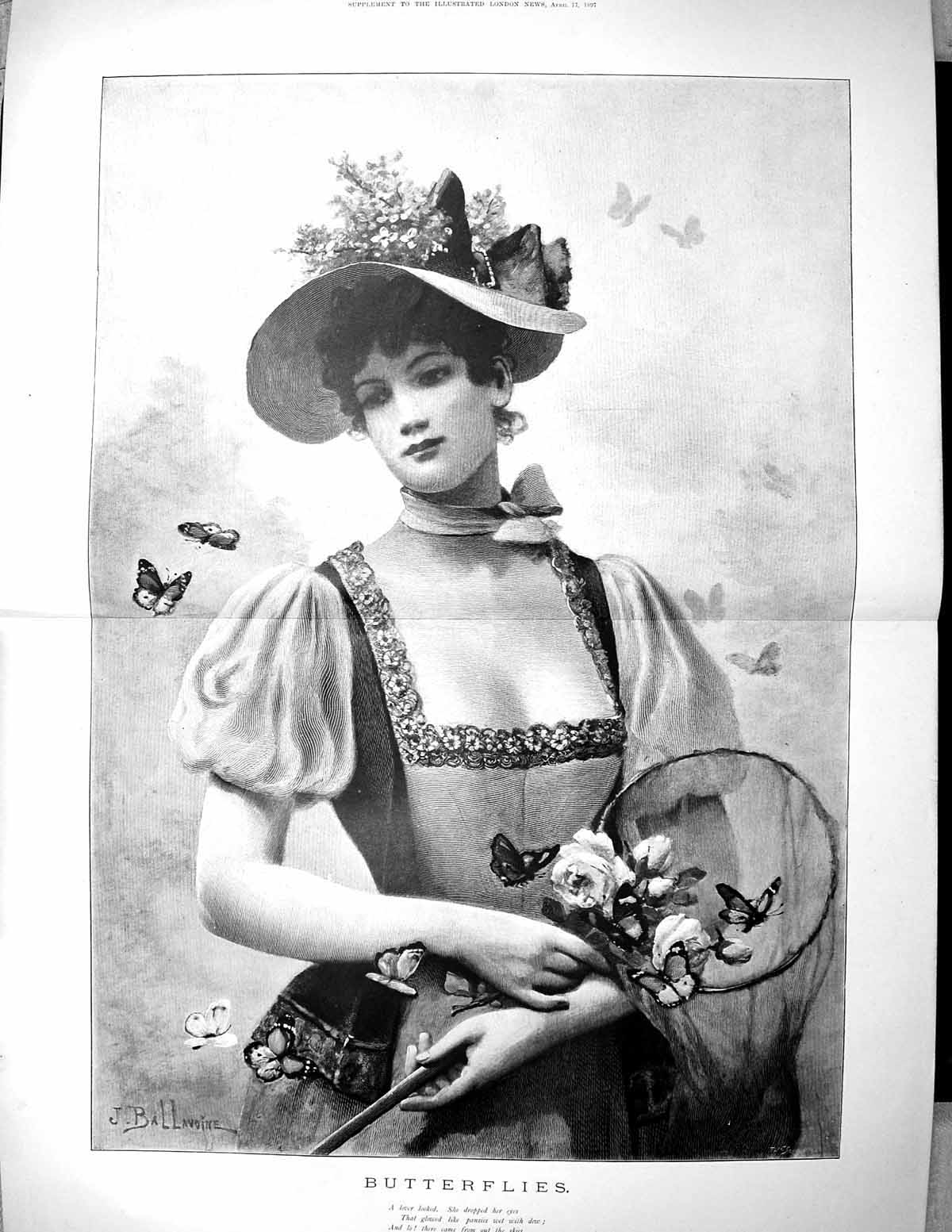 Old 1897 Beautiful Woman Butterflies Net John Davidson Ballavoine Fin 19th