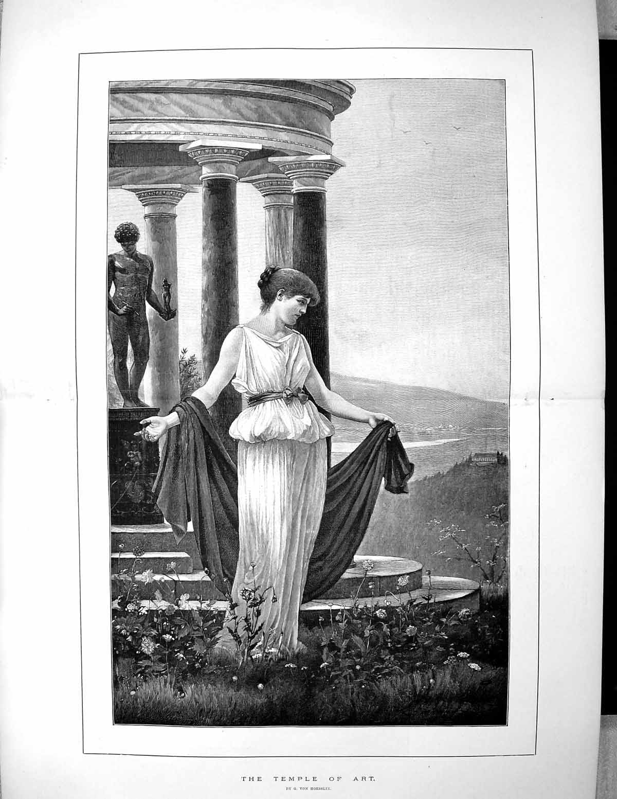 Antique Old Print 1892 Temple Art Beautiful Girl Flowers Hoesslin Fine Art