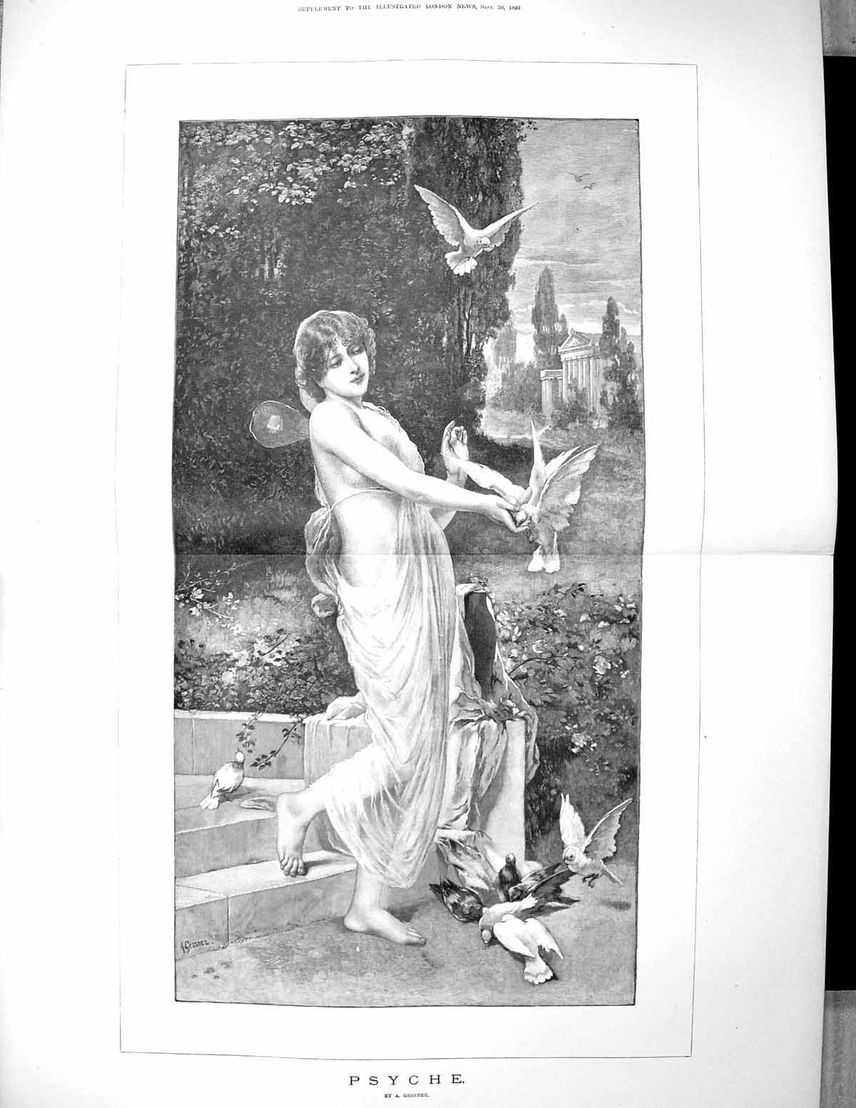 Old 1893 Psyche Beautiful Woman Garden Birds Flowers Gessner Fine Art 19th