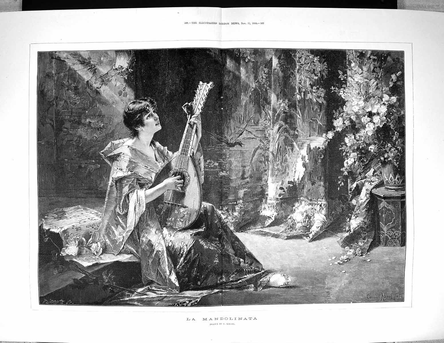 Old 1888 La Mandolinata Music Beautiful Lady Flowers Kiesel Fine ArtVictorian