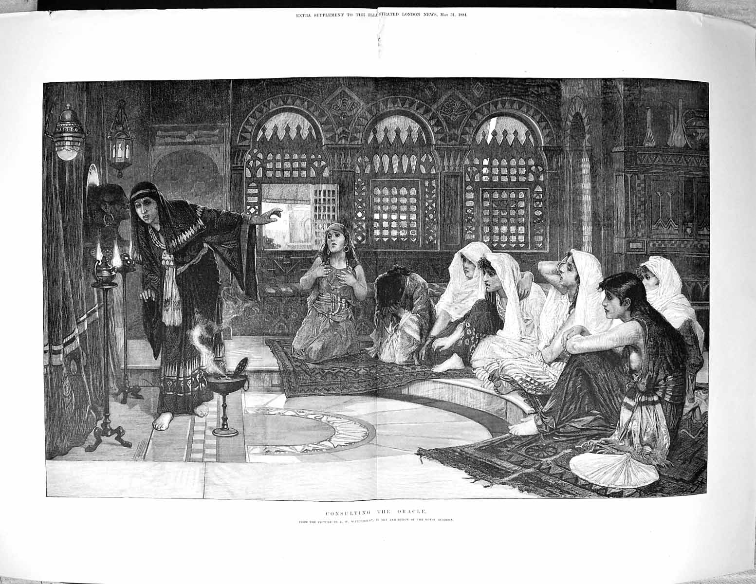 Original Old Antique Print 1884 Consulting Oracle Women Praying Fine Art 19th