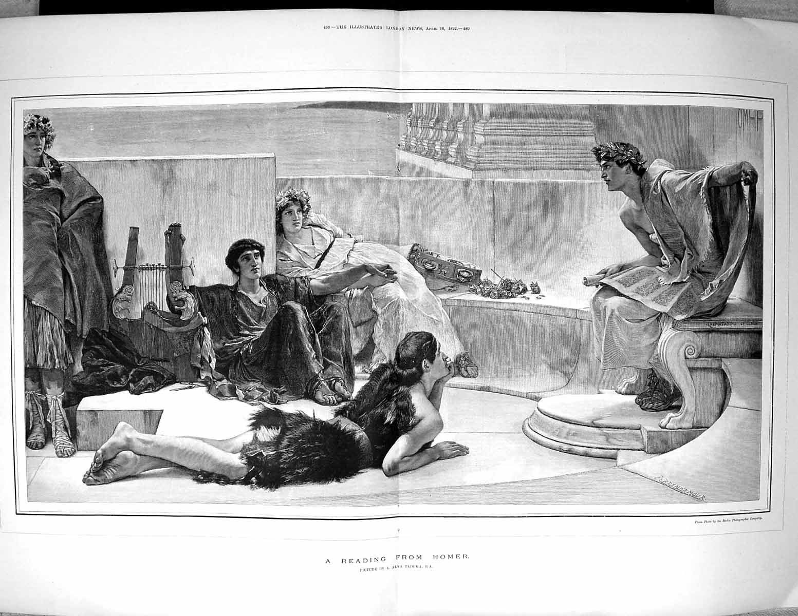 Antique Old Print 1892 Scene Reading Homer Roman People Alma Tadema Fine Art
