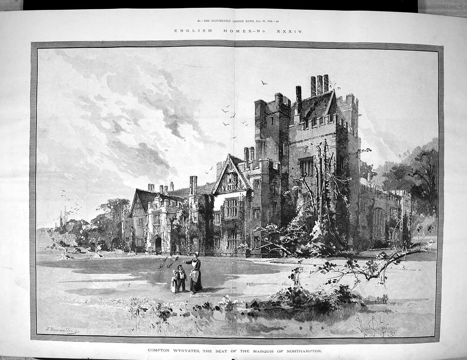 Old Print 1894 Compton Wynyates Marquis Northampton England Architecture 19th