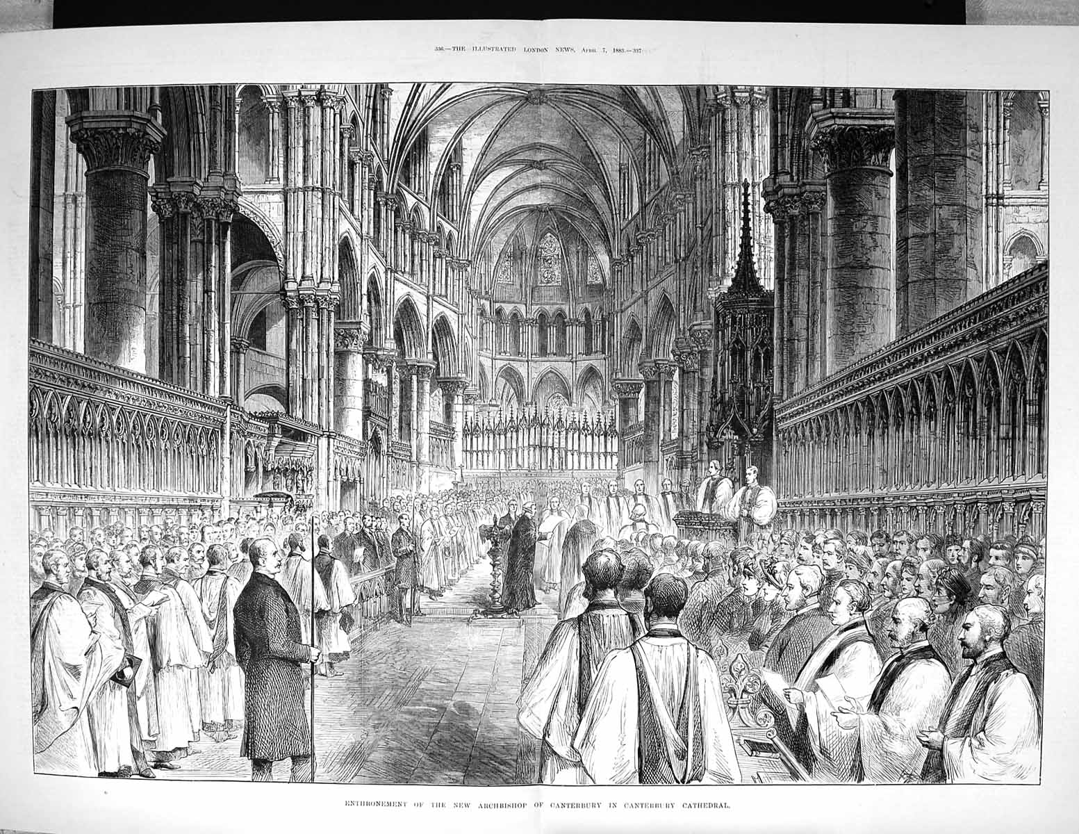Original Old Antique Print 1883 Enthronement Archbishop Canterbury Cathedral