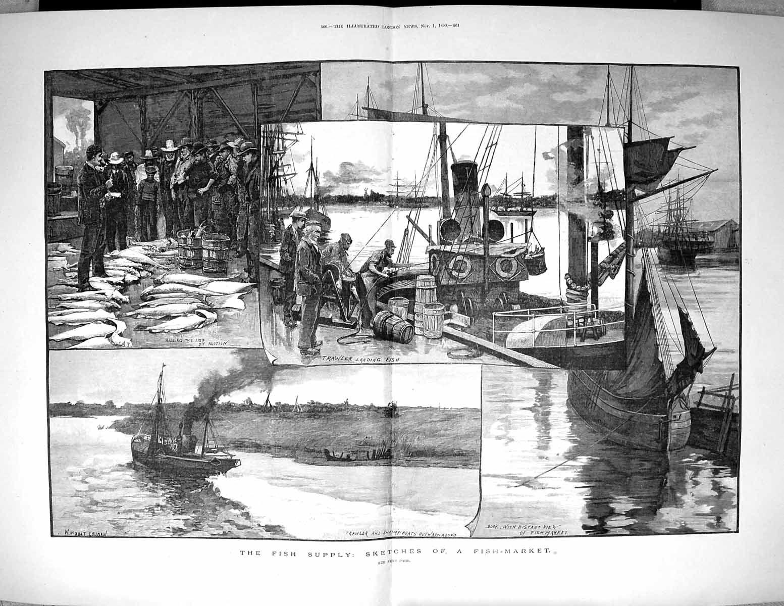 Old 1890 Fish Market Trawler Shrimp Boats Auction Dock Loudan Fine Ar 19th