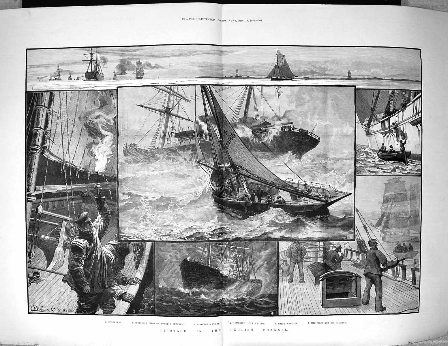 Old 1885 Pilotage English Channel Dungeness Ships Boats Flare Stanila 19th