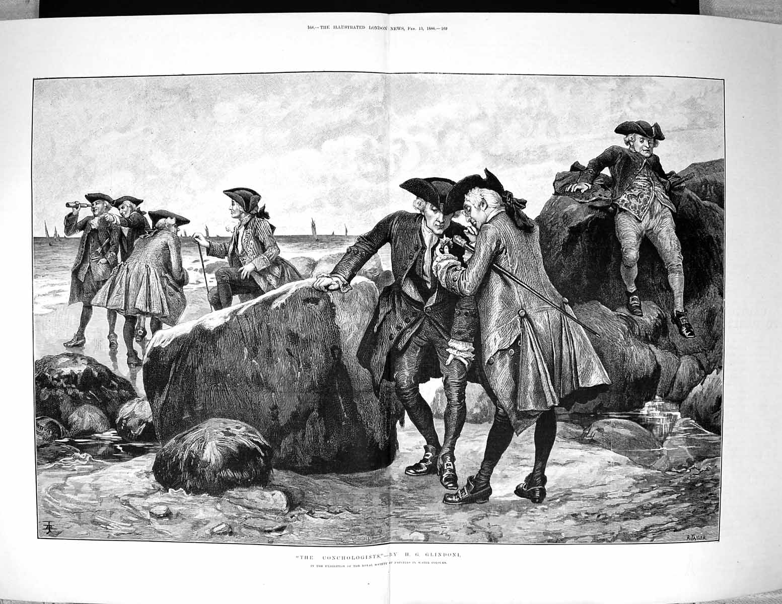 Antique Old Print 1886 Taylor Fine Art Conchologists Men Seaside Beach Scene